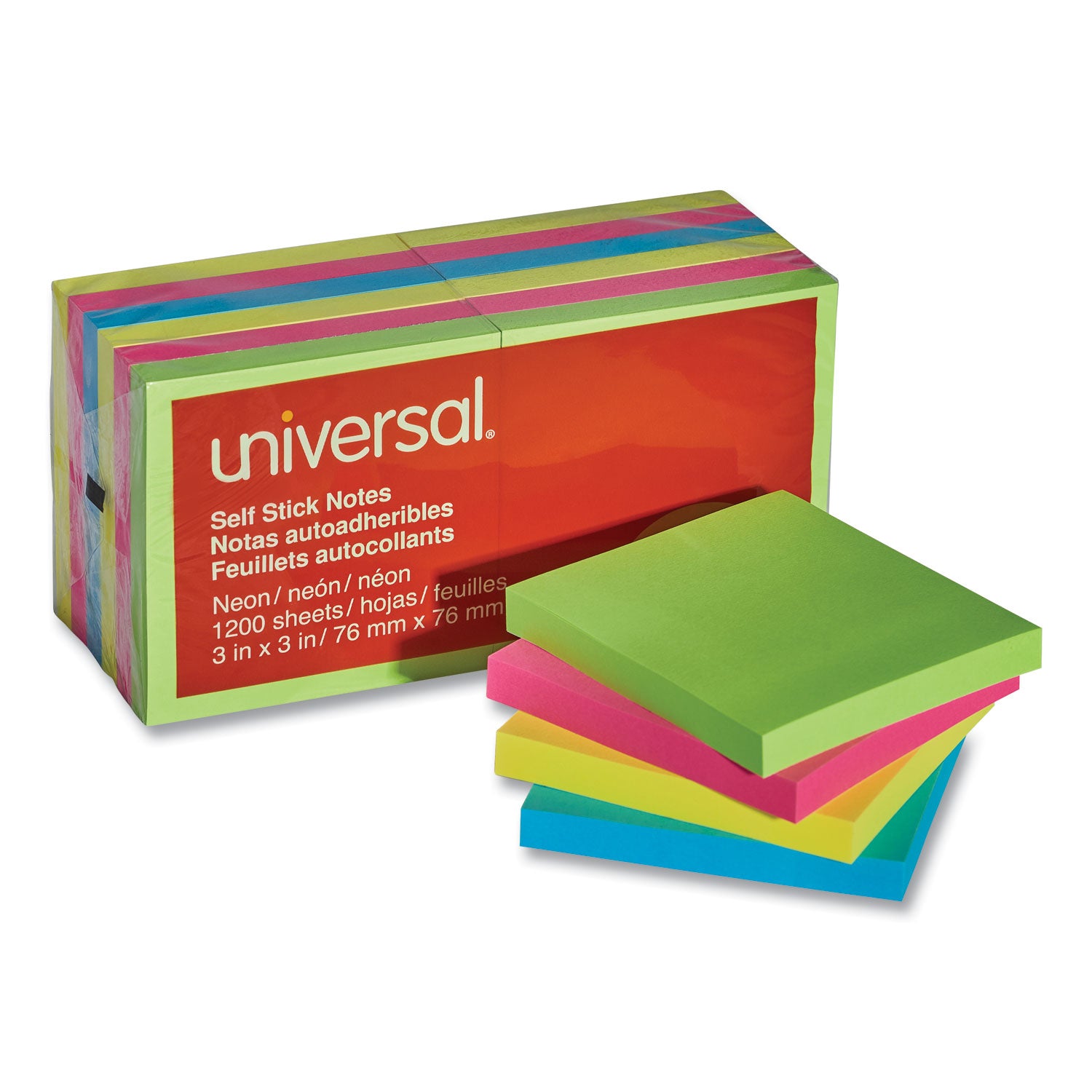 Universal® Self-Stick Note Pads, 3" x 3", Assorted Neon Colors, 100 Sheets/Pad, 12 Pads/Pack