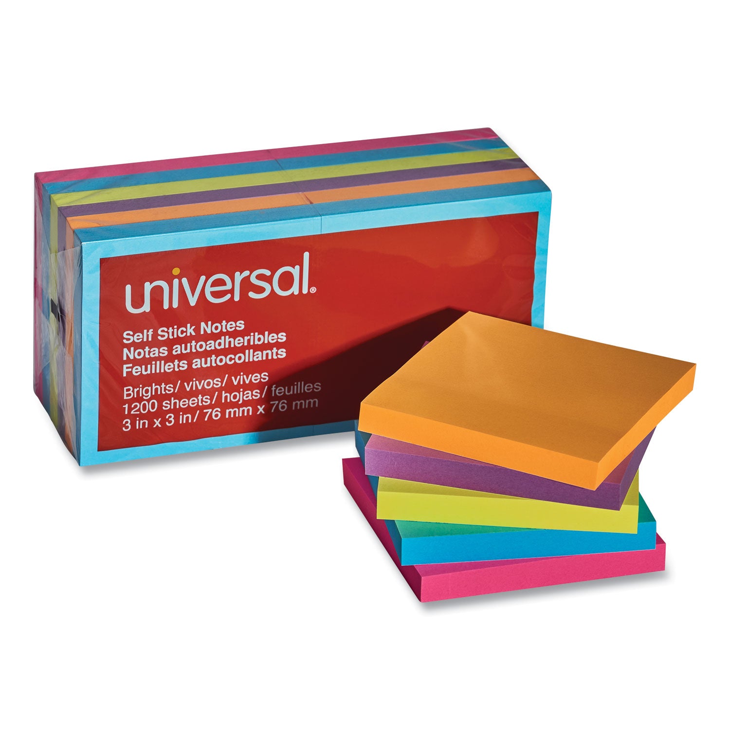 Universal® Self-Stick Note Pads, 3" x 3", Assorted Bright Colors, 100 Sheets/Pad, 12 Pads/Pack