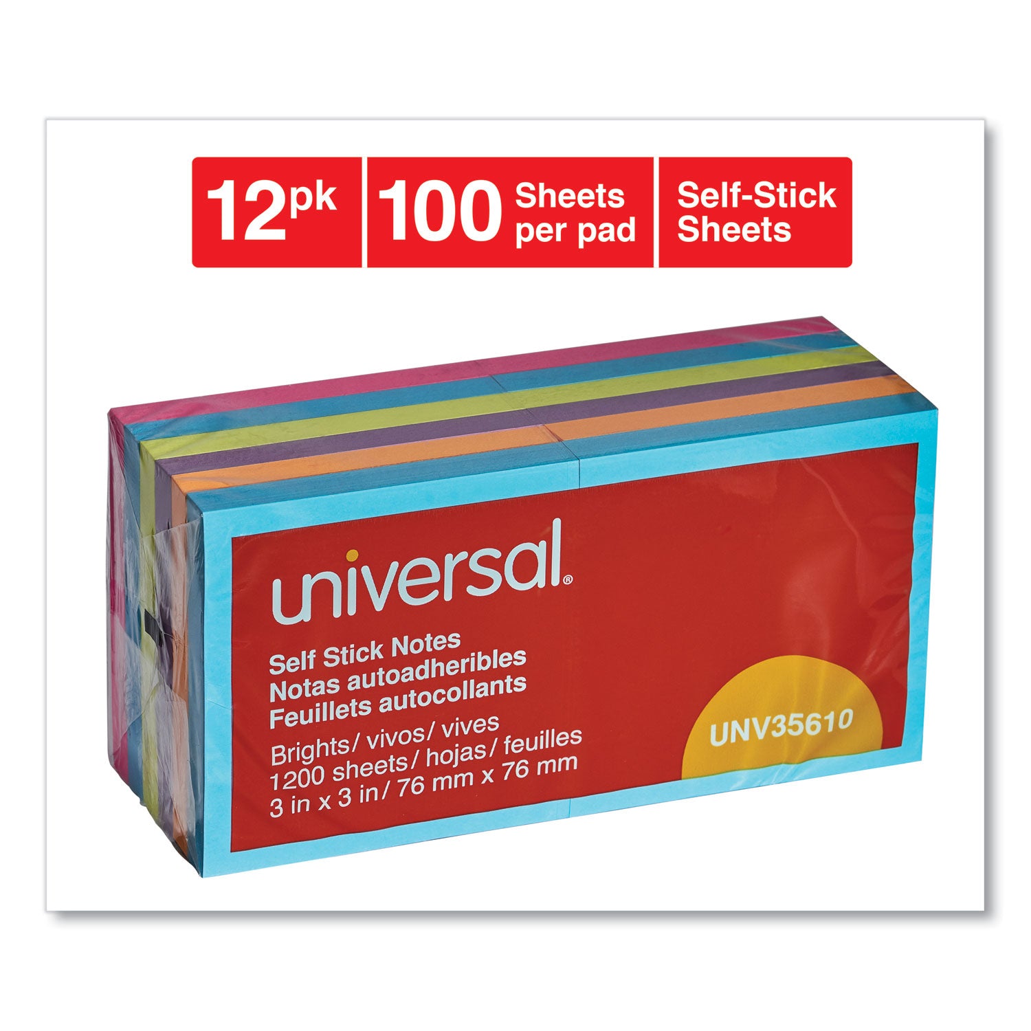 Universal® Self-Stick Note Pads, 3" x 3", Assorted Bright Colors, 100 Sheets/Pad, 12 Pads/Pack