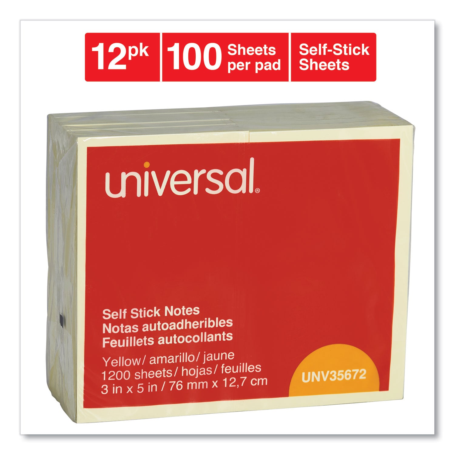 Universal® Self-Stick Note Pads, 3" x 5", Yellow, 100 Sheets/Pad, 12 Pads/Pack