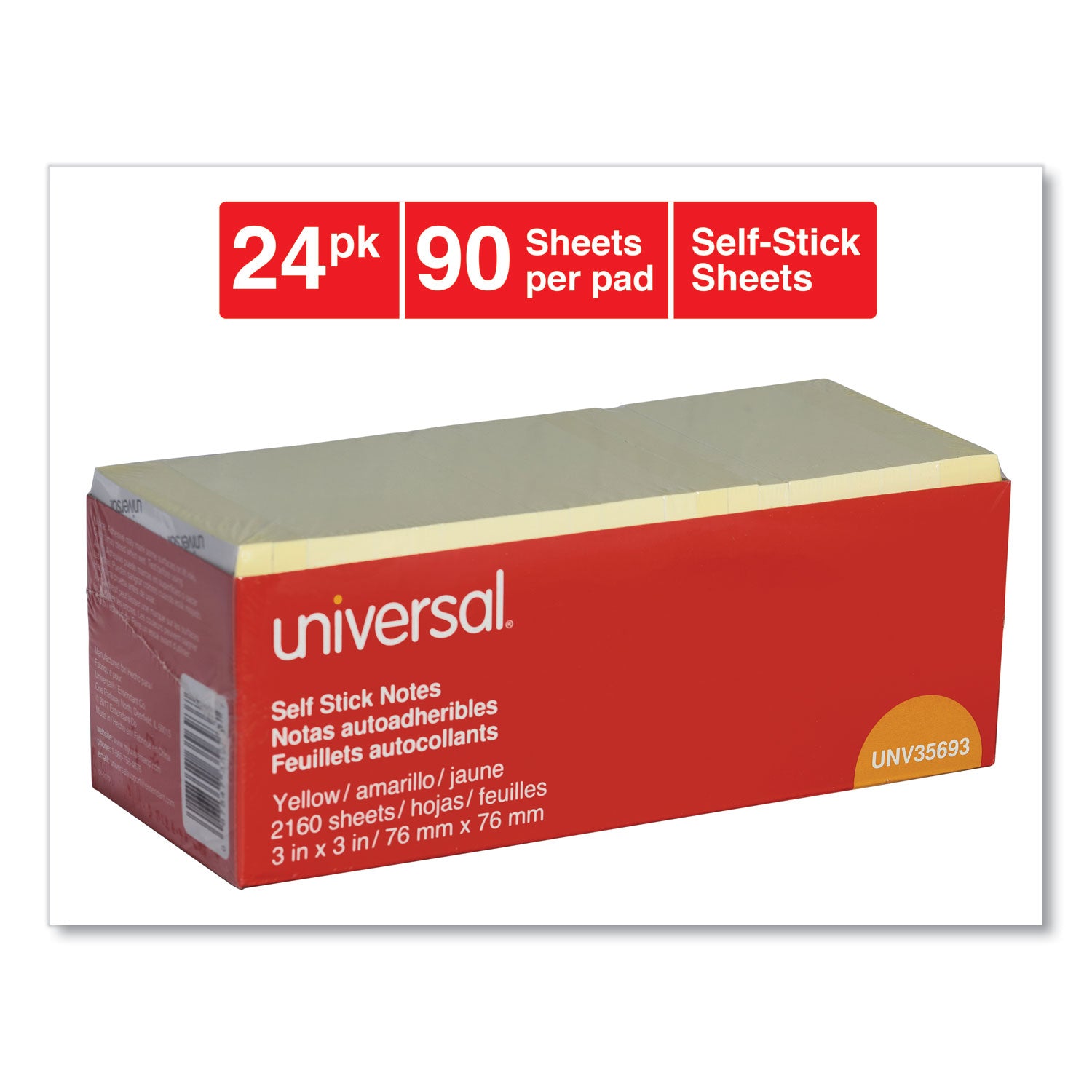 Universal® Self-Stick Note Pad Cabinet Pack, 3" x 3", Yellow, 90 Sheets/Pad, 24 Pads/Pack