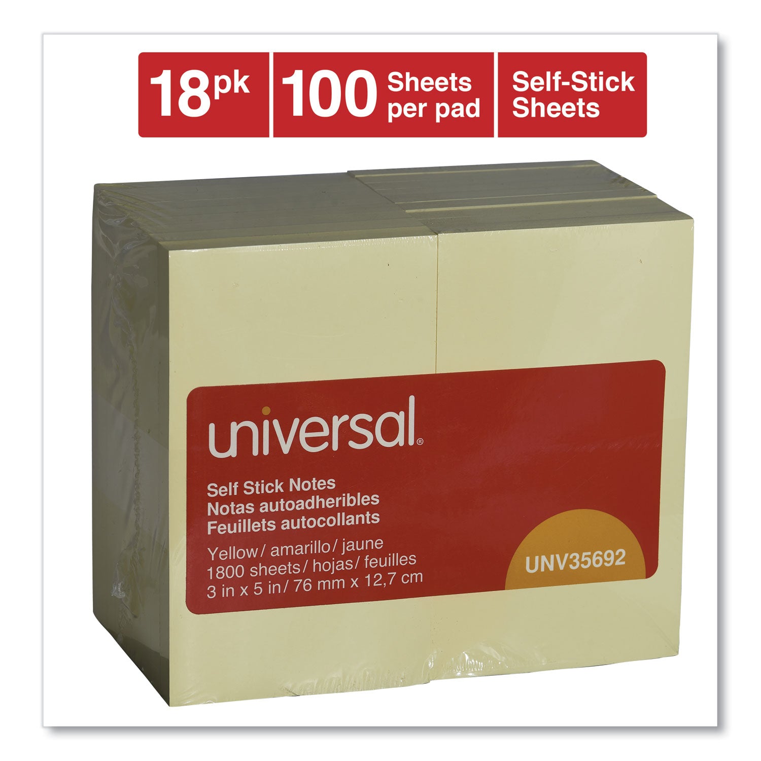 Universal® Self-Stick Note Pad Value Pack, 3" x 5", Yellow, 100 Sheets/Pad, 18 Pads/Pack