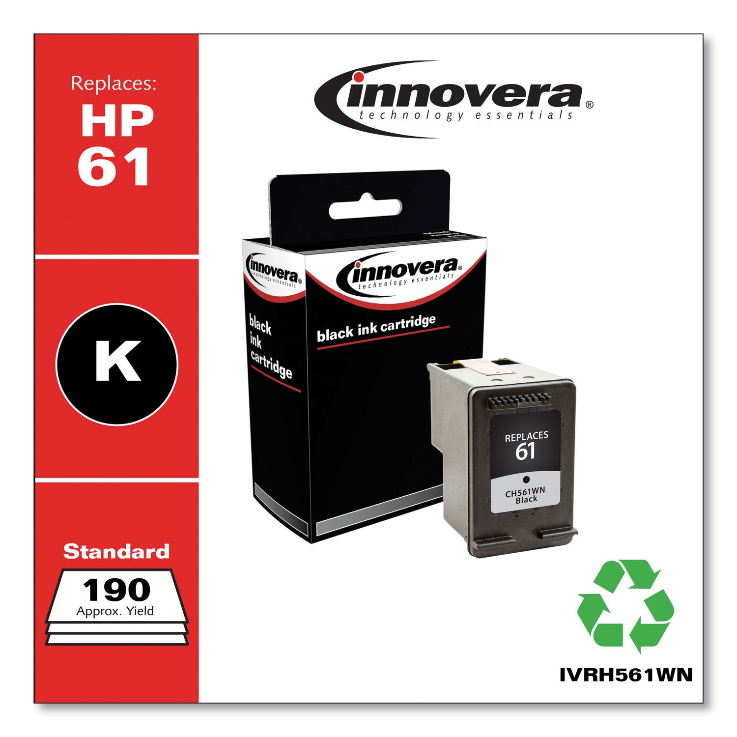 Innovera® Remanufactured Black Ink, Replacement for 61 (CH561WN), 200 Page-Yield