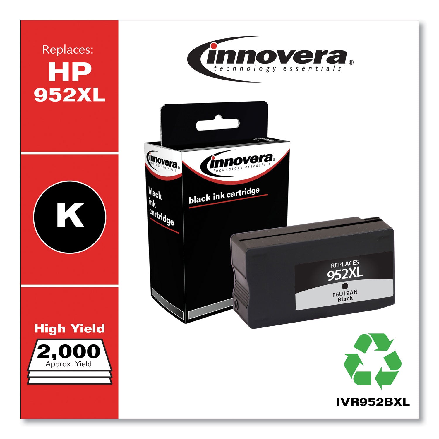 Innovera® Remanufactured Black High-Yield Ink, Replacement for 952XL (F6U19AN), 2,000 Page-Yield