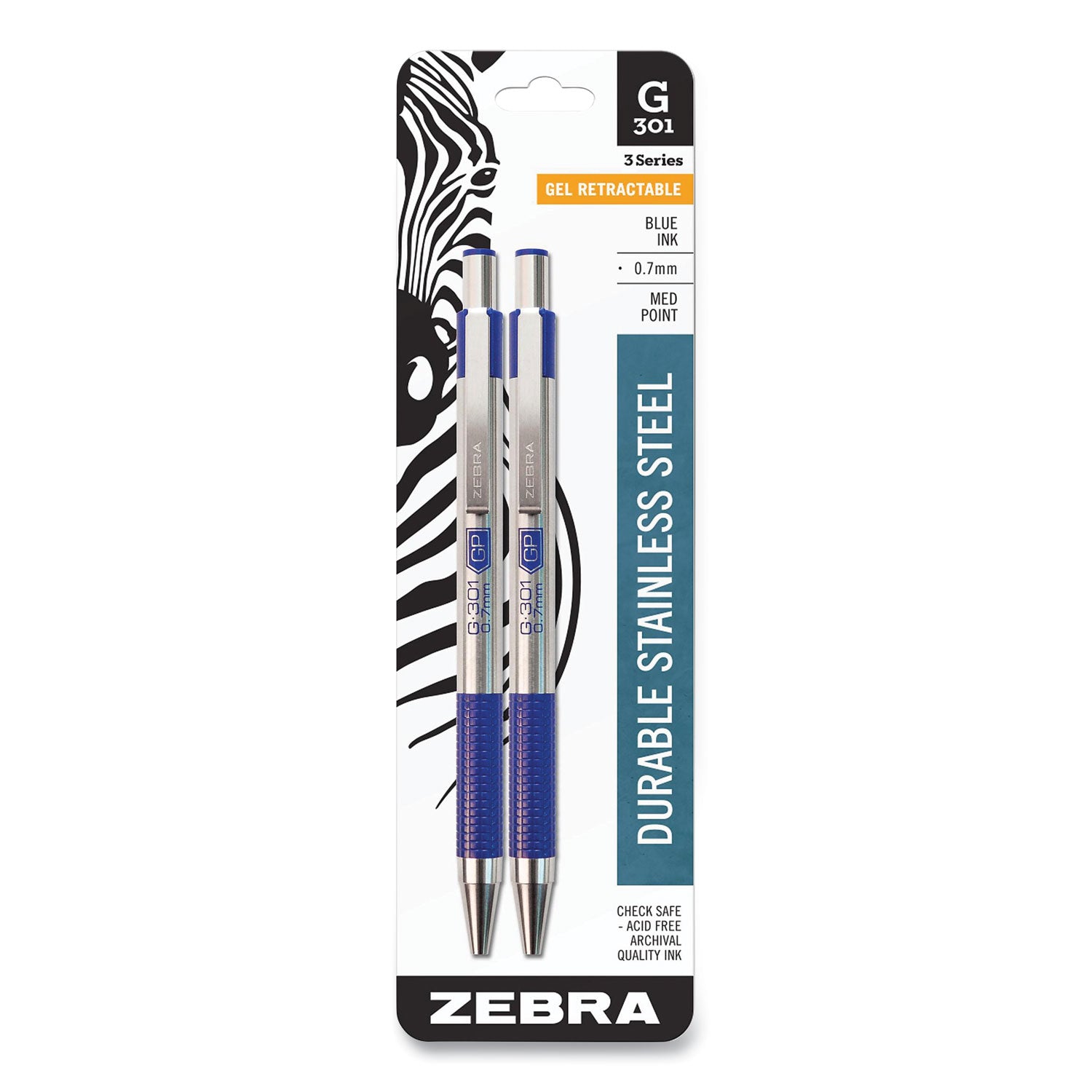 Zebra® G-301 Gel Pen, Retractable, Medium 0.7 mm, Blue Ink, Stainless Steel/Blue Barrel, 2/Pack