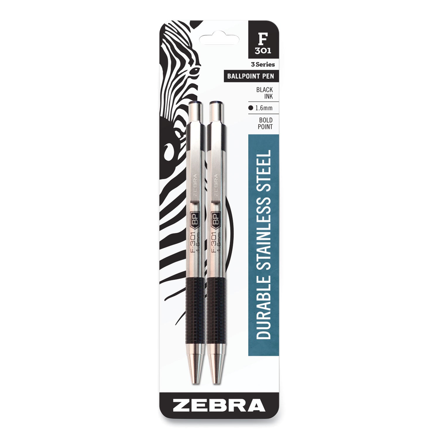 Zebra® F-301 Ballpoint Pen, Retractable, Bold 1.6 mm, Black Ink, Stainless Steel/Black Barrel, 2/Pack