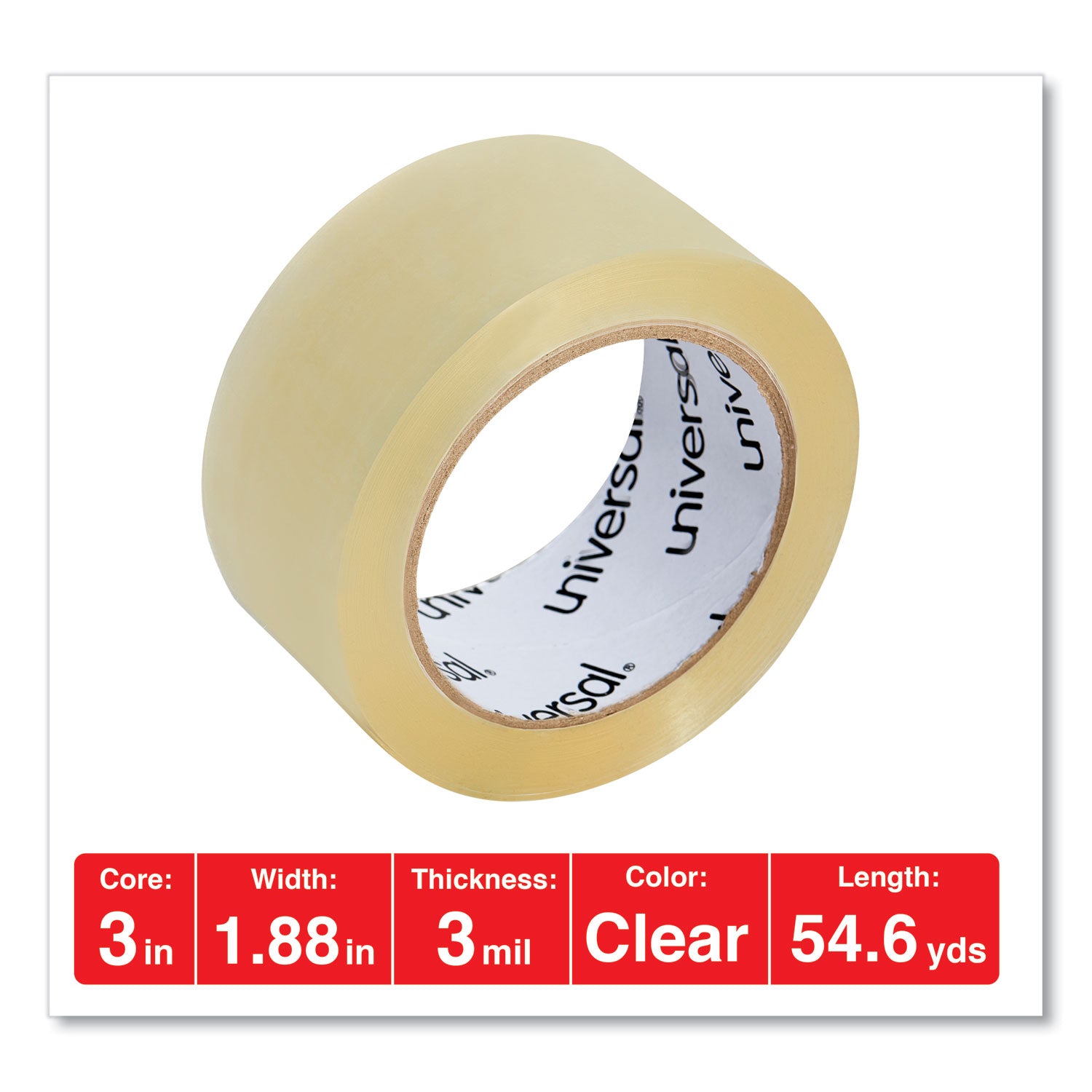 Universal® Heavy-Duty Box Sealing Tape, 3" Core, 1.88" x 54.6 yds, Clear, 36/Carton