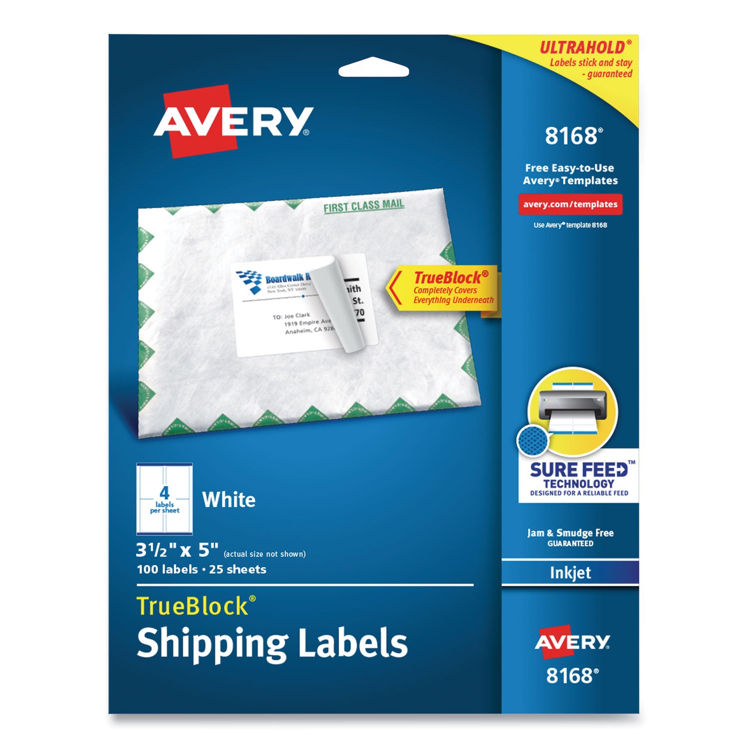 Shipping Labels w/ TrueBlock Technology, Inkjet Printers, 3.5 x 5, White, 4/Sheet, 25 Sheets/Pack