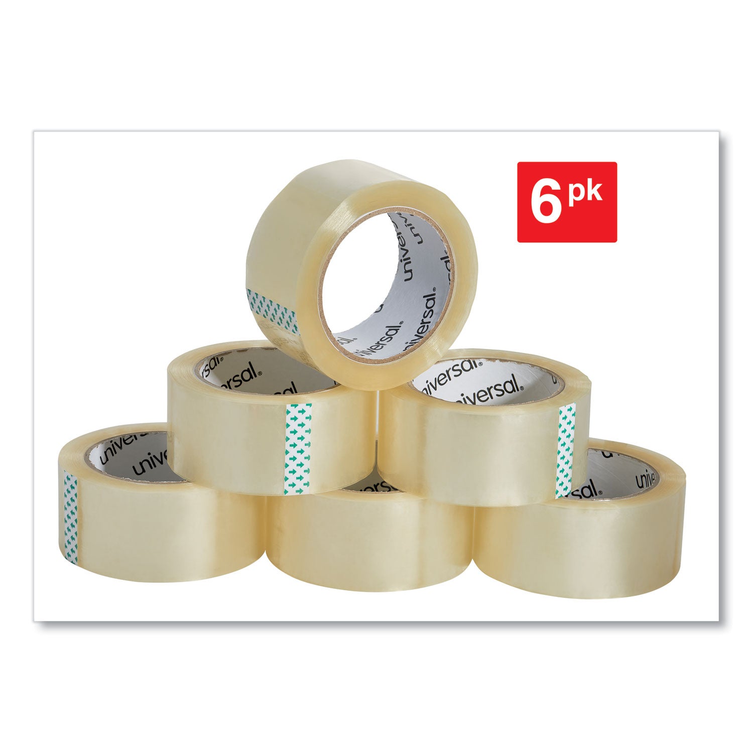 Universal® Heavy-Duty Box Sealing Tape, 3" Core, 1.88" x 54.6 yds, Clear, 6/Pack