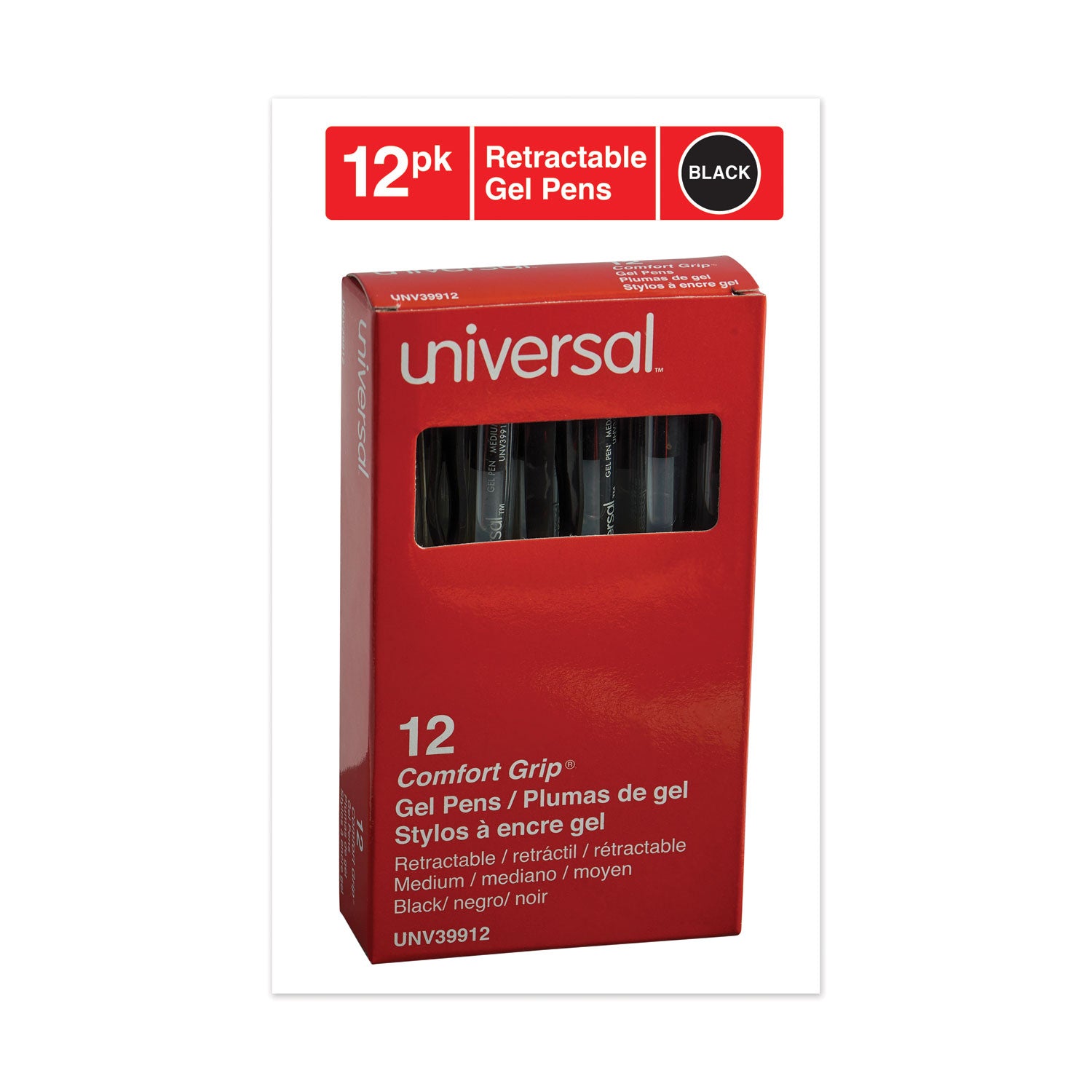 Universal™ Comfort Grip Gel Pen, Retractable, Medium 0.7 mm, Black Ink, Clear/Black Barrel, Dozen