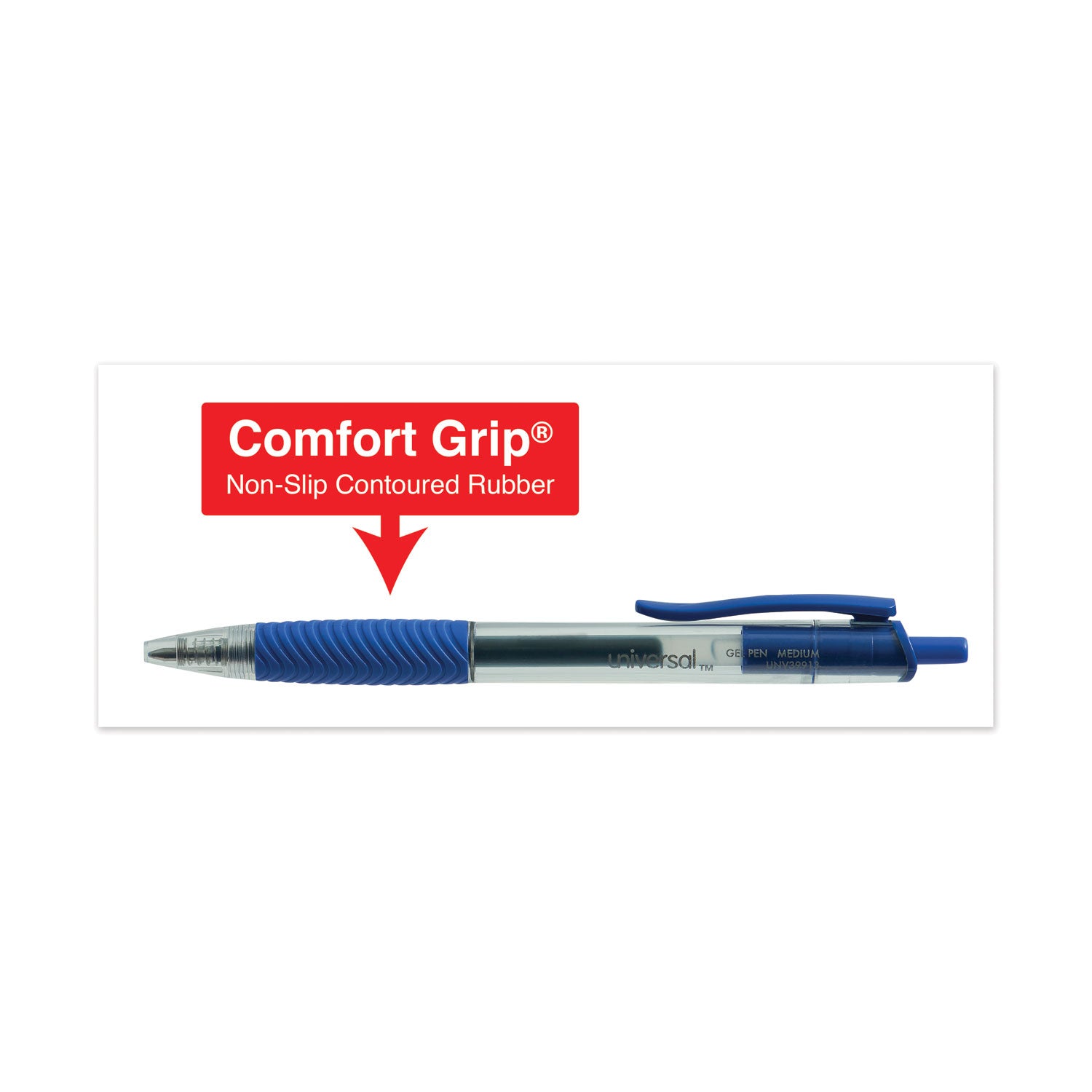 Universal™ Comfort Grip Gel Pen, Retractable, Medium 0.7 mm, Blue Ink, Clear/Blue Barrel, Dozen