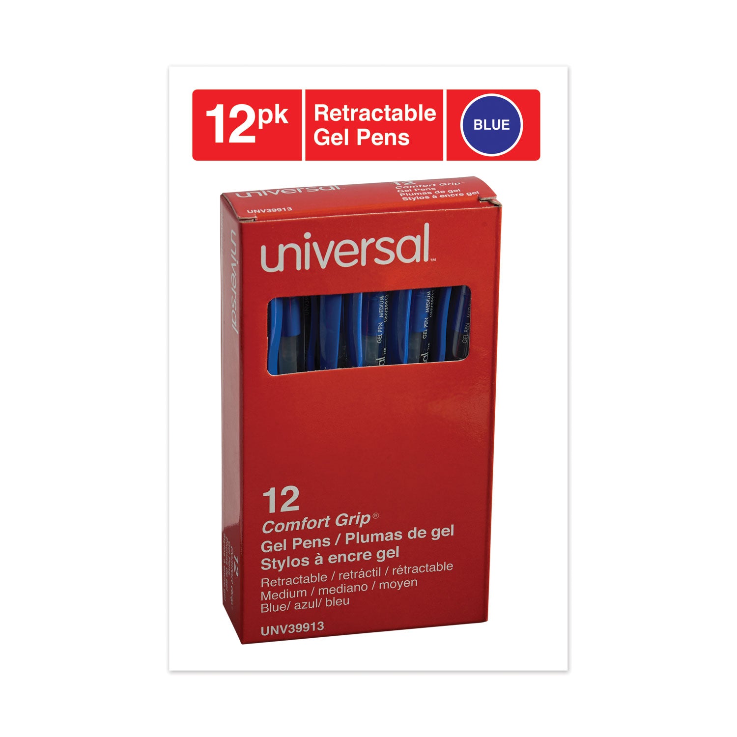 Universal™ Comfort Grip Gel Pen, Retractable, Medium 0.7 mm, Blue Ink, Clear/Blue Barrel, Dozen