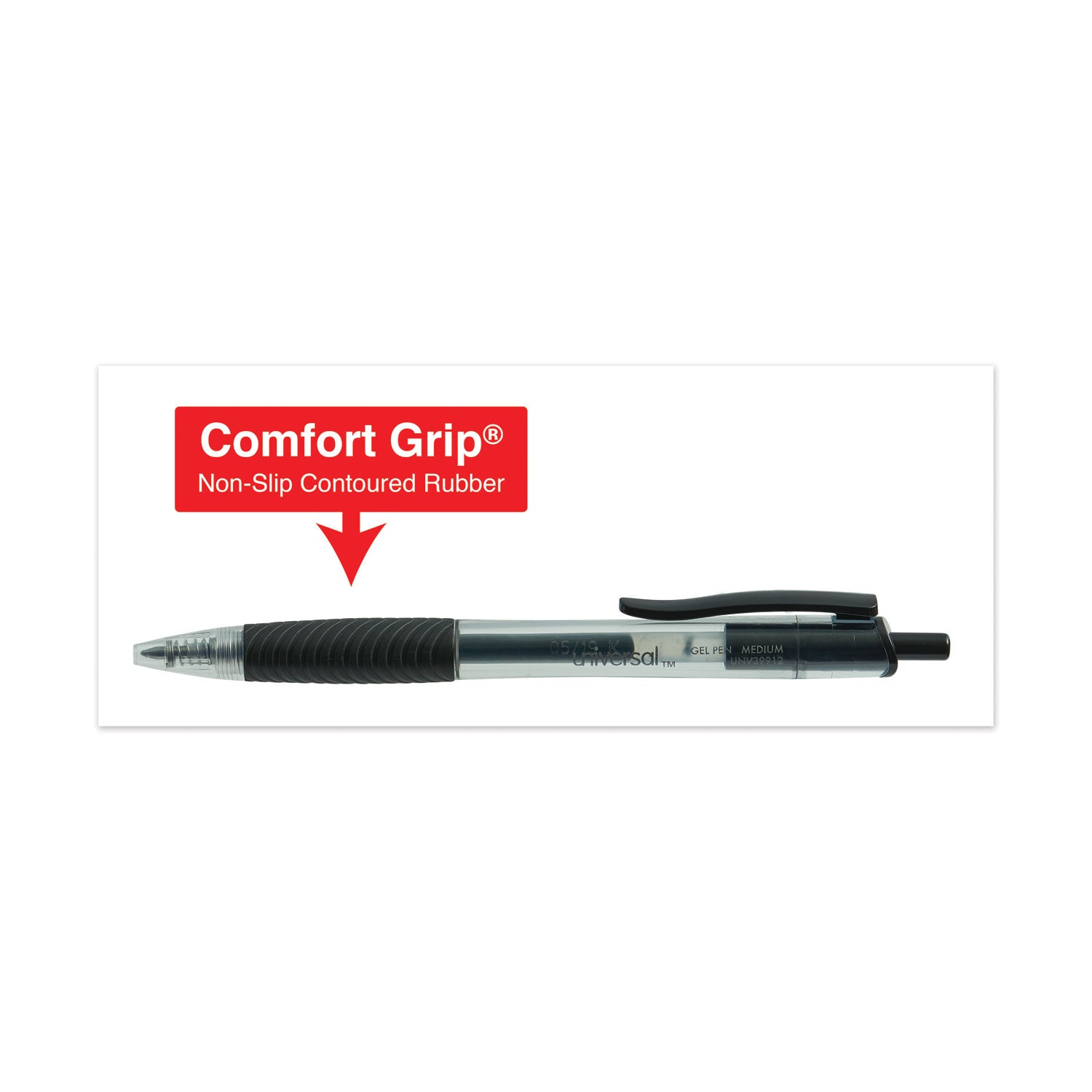 Universal™ Comfort Grip Gel Pen, Retractable, Medium 0.7 mm, Black Ink, Clear/Black Barrel, Dozen