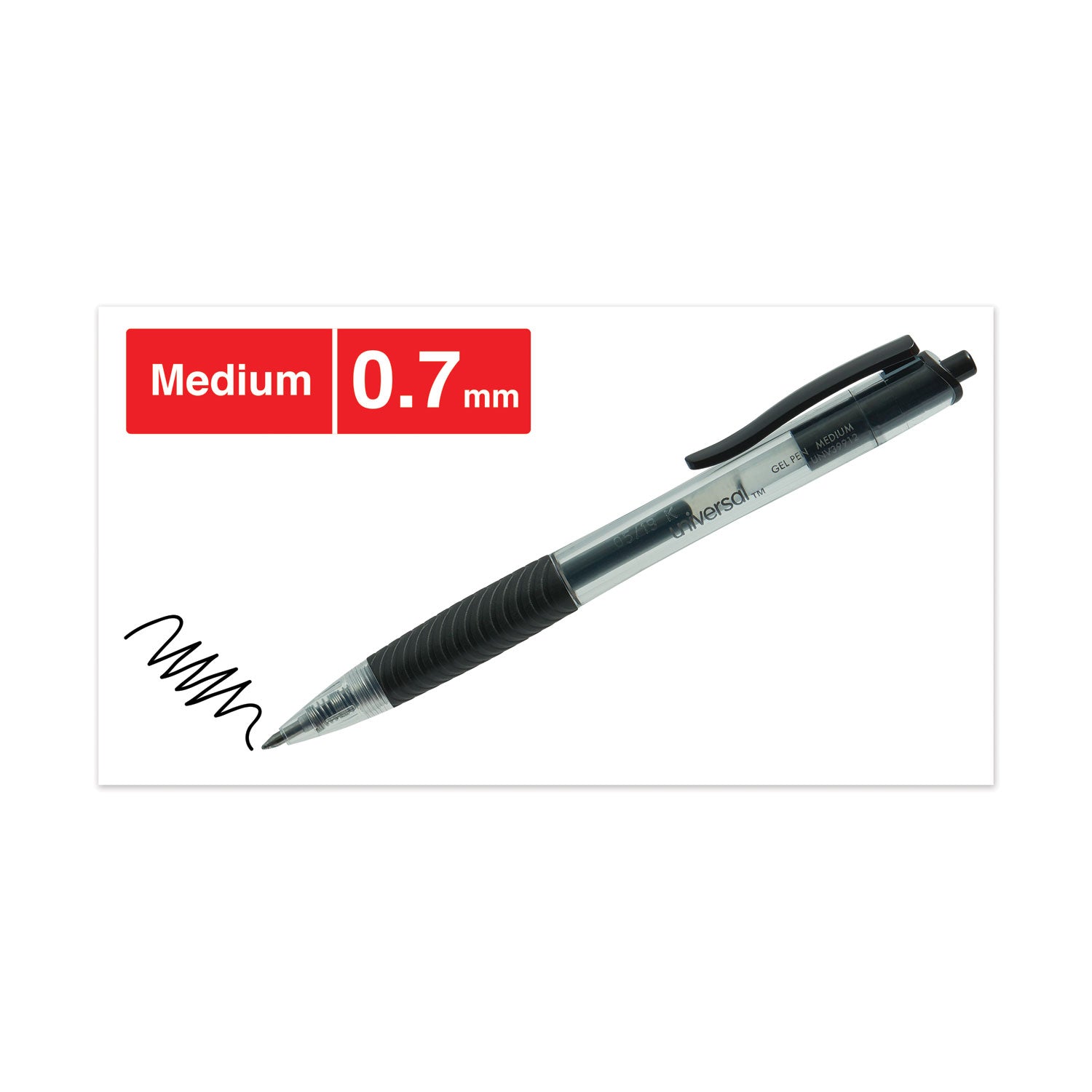 Universal™ Comfort Grip Gel Pen, Retractable, Medium 0.7 mm, Black Ink, Clear/Black Barrel, Dozen