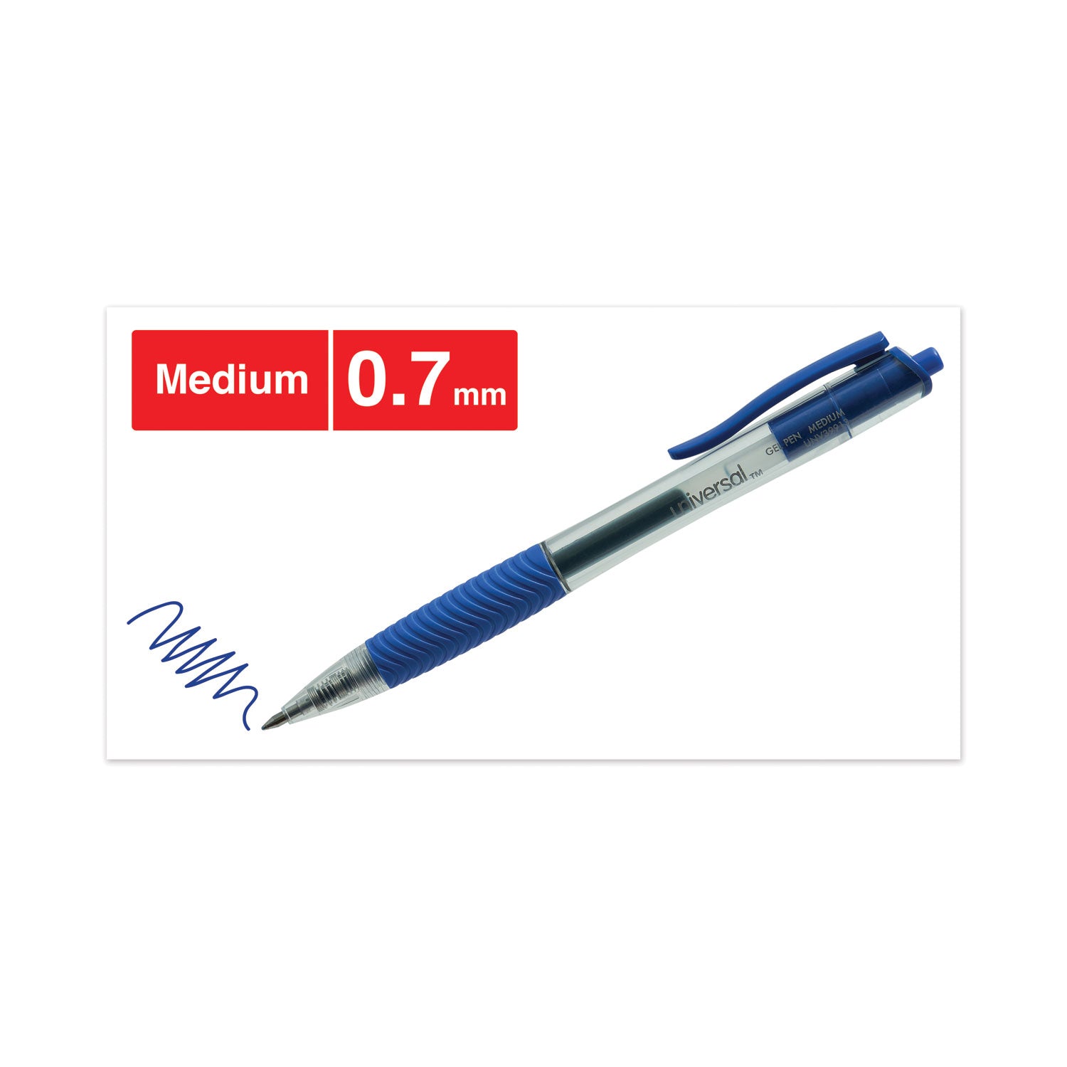 Universal™ Comfort Grip Gel Pen, Retractable, Medium 0.7 mm, Blue Ink, Clear/Blue Barrel, Dozen