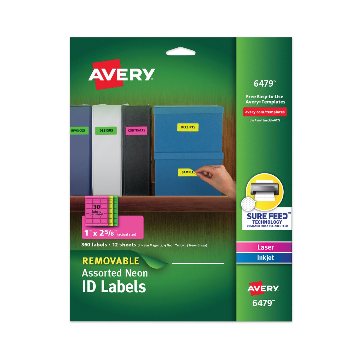 High-Vis Removable Laser/Inkjet ID Labels w/ Sure Feed, 1 x 2.63, Neon, 360/PK