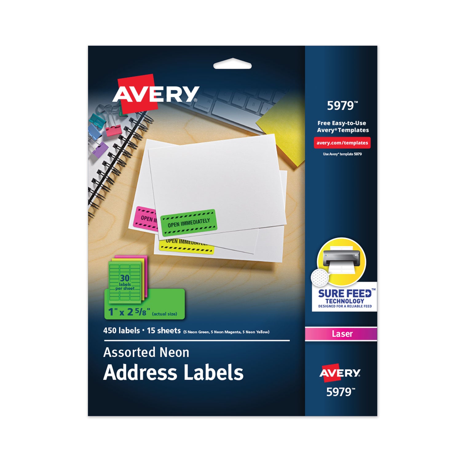 High-Visibility Permanent Laser ID Labels, 1 x 2.63, Asst. Neon, 450/Pack