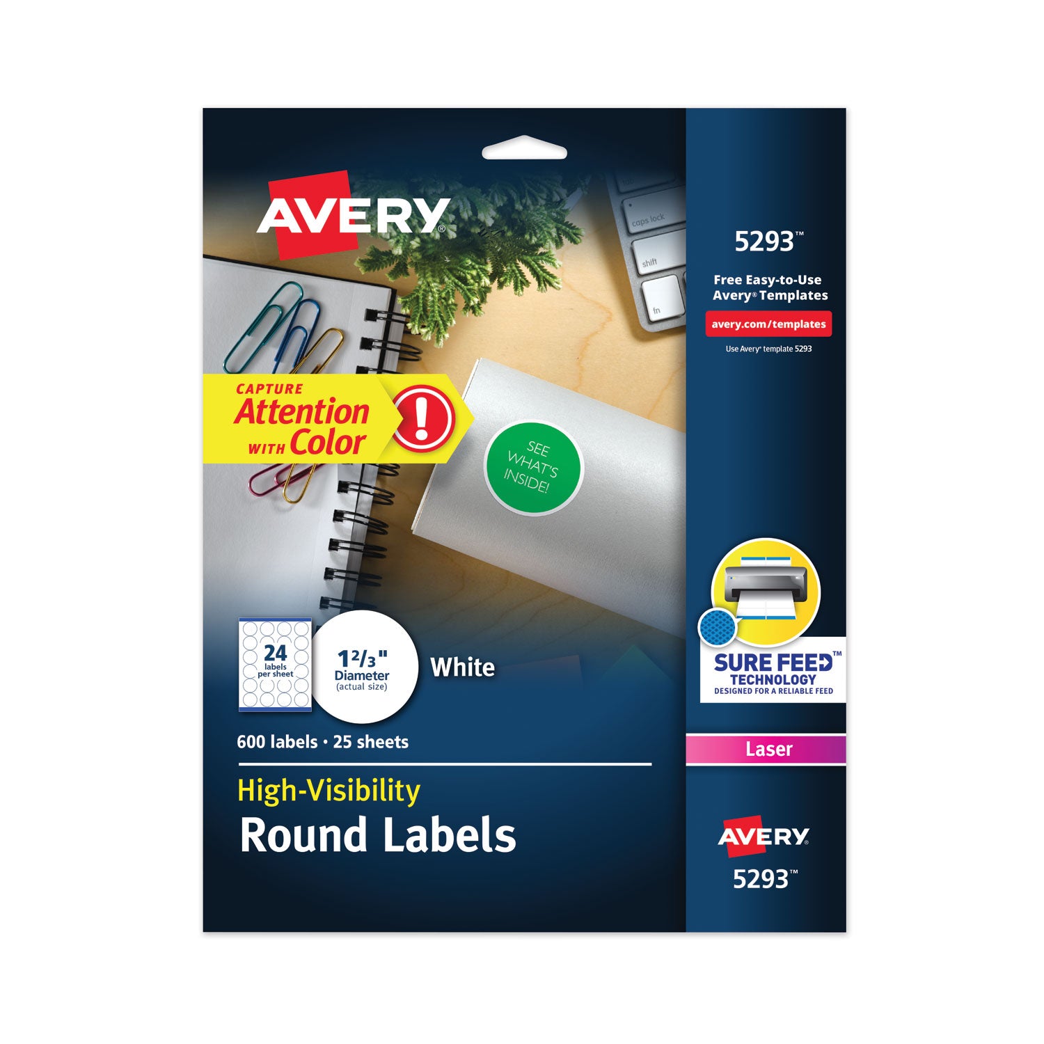 Permanent Laser Print-to-the-Edge ID Labels w/SureFeed, 1.66" dia, White, 600/PK