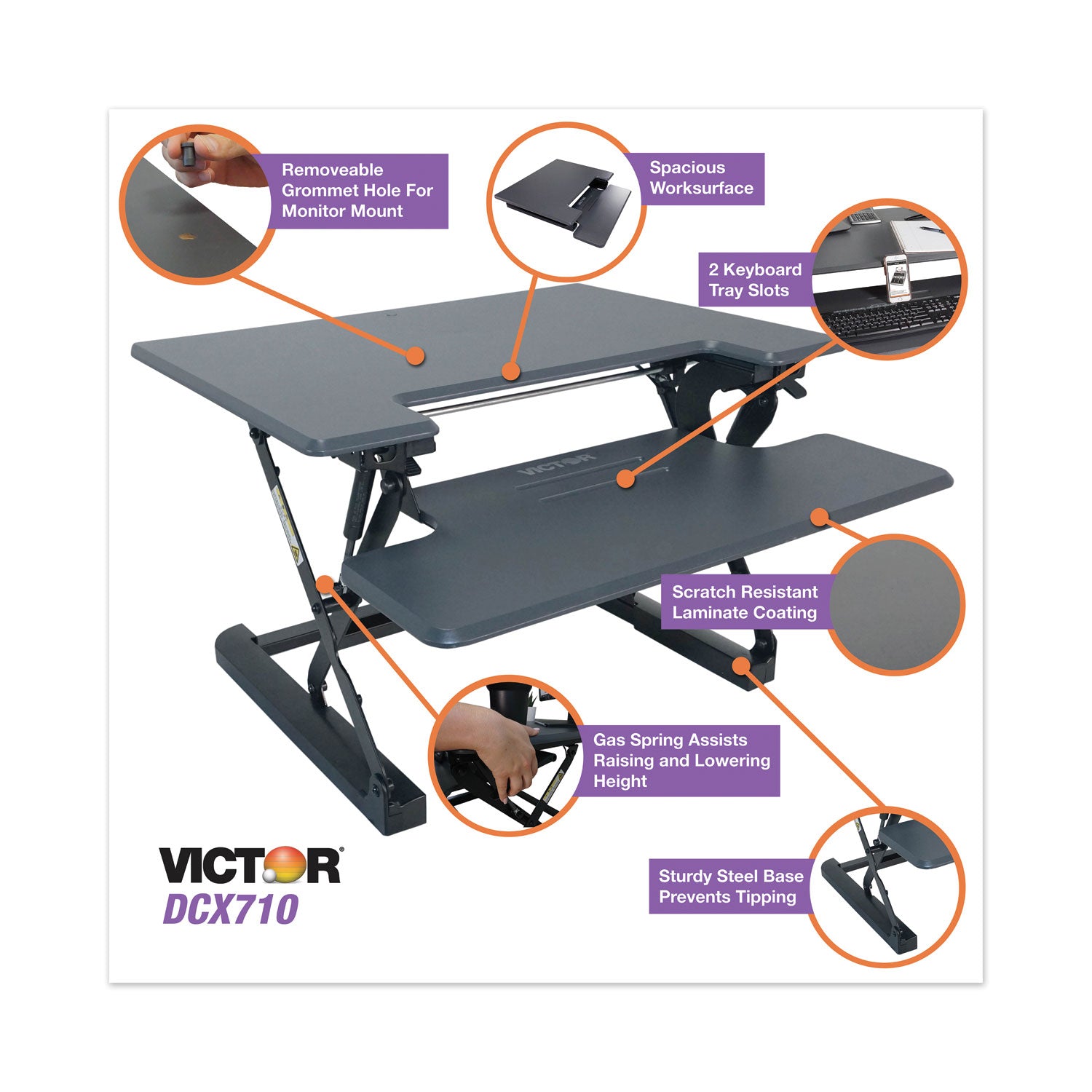 High Rise Height Adjustable Standing Desk with Keyboard Tray, 31" x 31.25" x 5.25" to 20", Gray/Black Victor® Flipcost