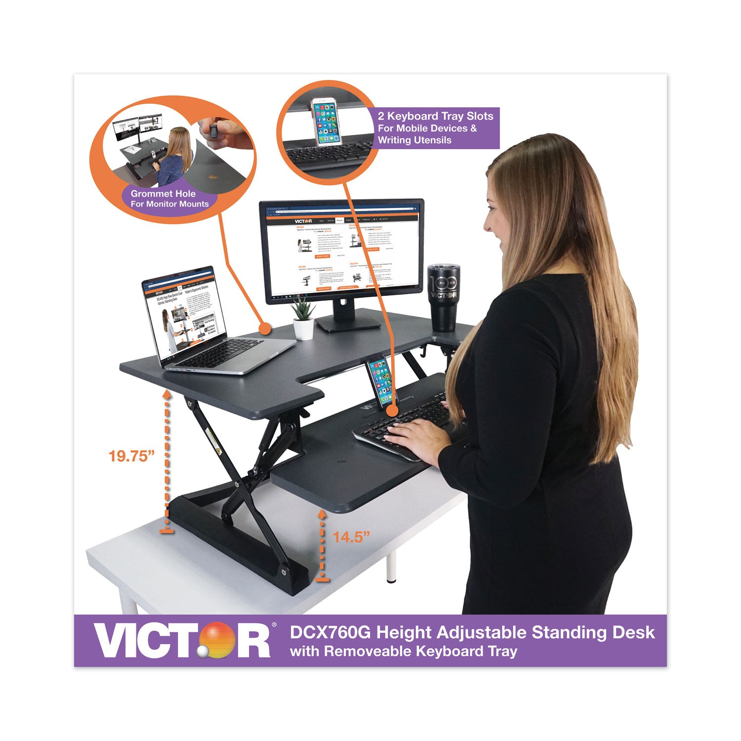 Victor® High Rise Height Adjustable Standing Desk with Keyboard Tray, 36" x 31.25" x 5.25" to 20", Gray/Black