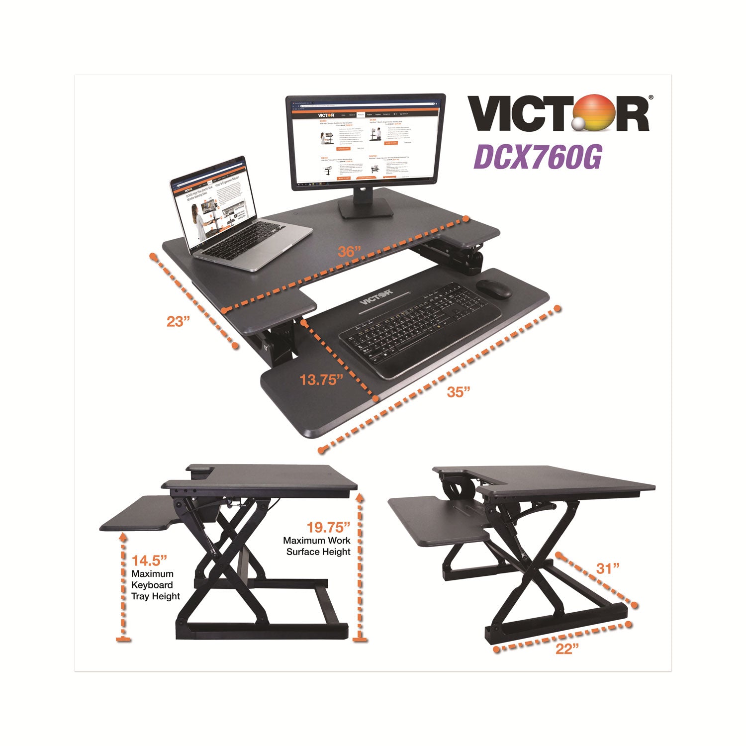 Victor® High Rise Height Adjustable Standing Desk with Keyboard Tray, 36" x 31.25" x 5.25" to 20", Gray/Black