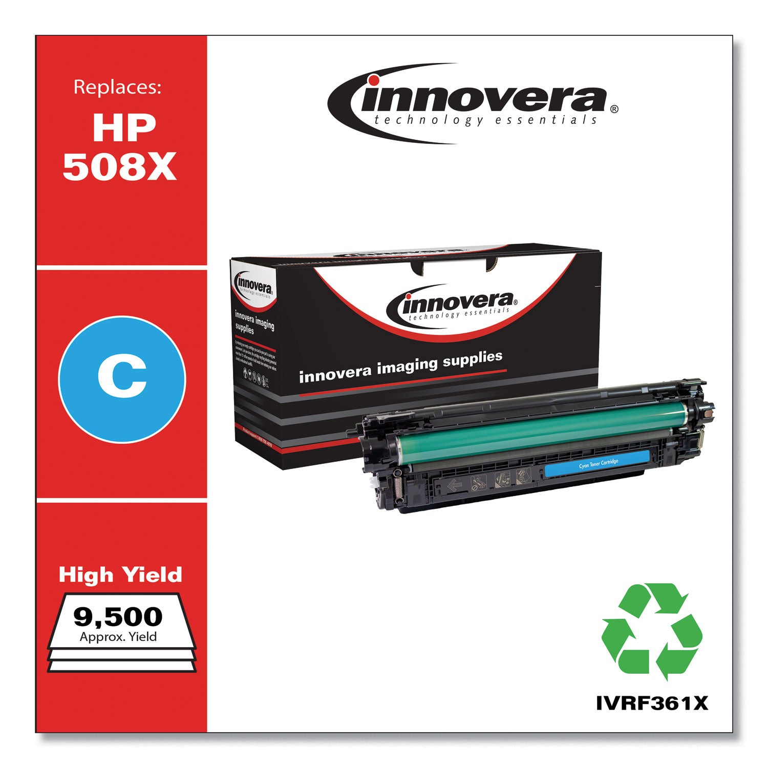 Innovera® Remanufactured Cyan High-Yield Toner, Replacement for 508X (CF361X), 9,500 Page-Yield