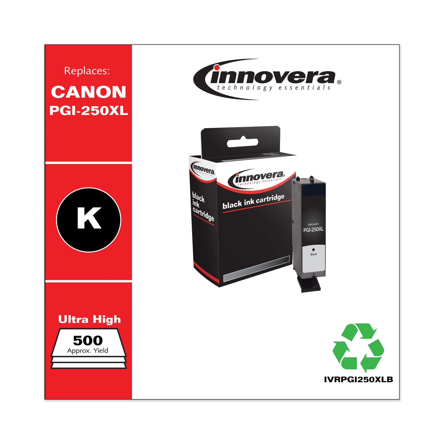 Innovera® Remanufactured Black High-Yield Ink, Replacement for PGI-250XL (6432B001), 500 Page-Yield