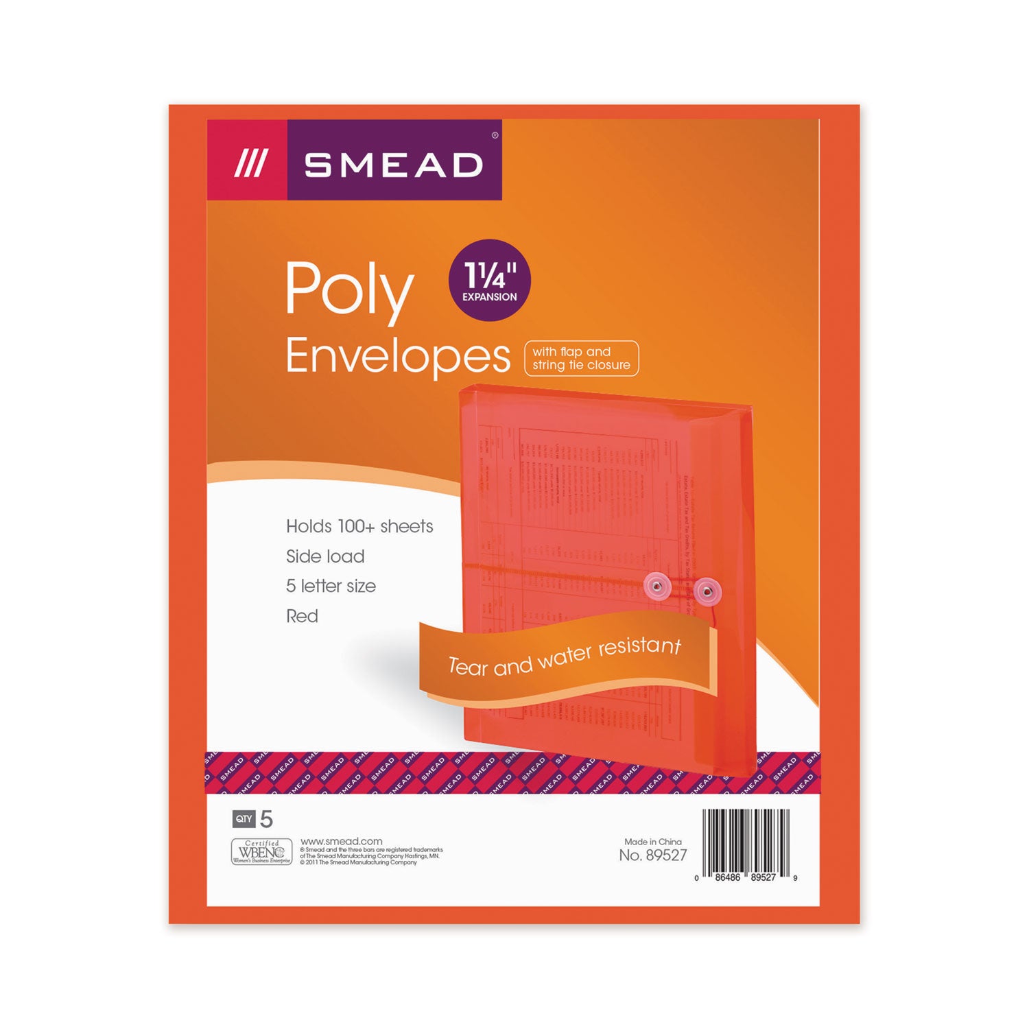 Smead™ Poly String and Button Interoffice Envelopes, Open-Side (Horizontal), 9.75 x 11.63, Transparent Red, 5/Pack