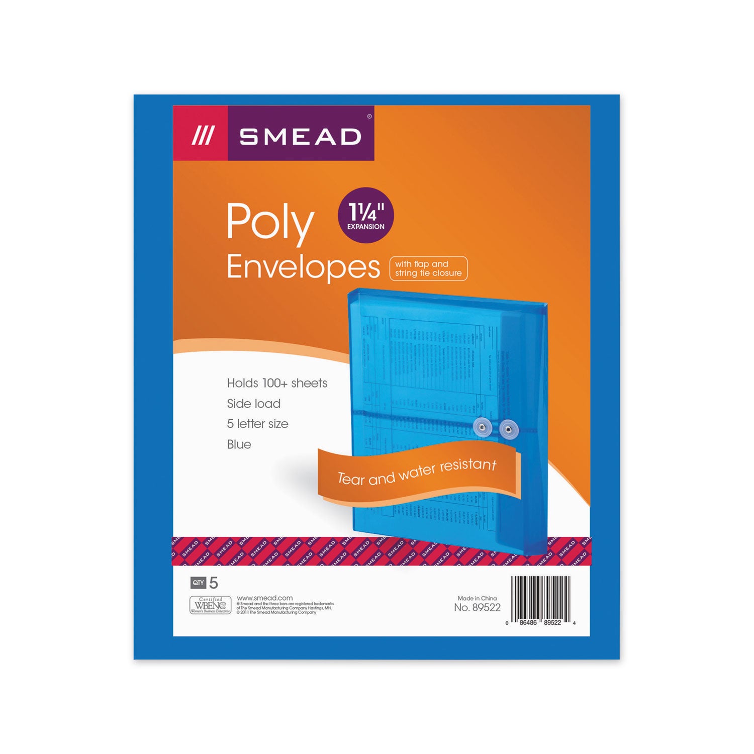 Smead™ Poly String and Button Interoffice Envelopes, Open-Side (Horizontal), 9.75 x 11.63, Transparent Blue, 5/Pack