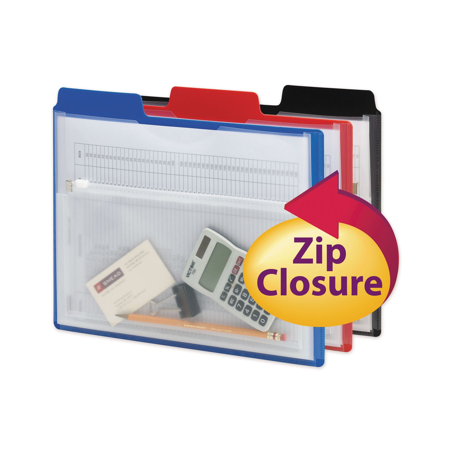 Smead™ Poly Project Organizer with Zip Pouch, 2-Sections, 1/3-Cut Tab, Letter Size, Assorted Colors, 3/Pack