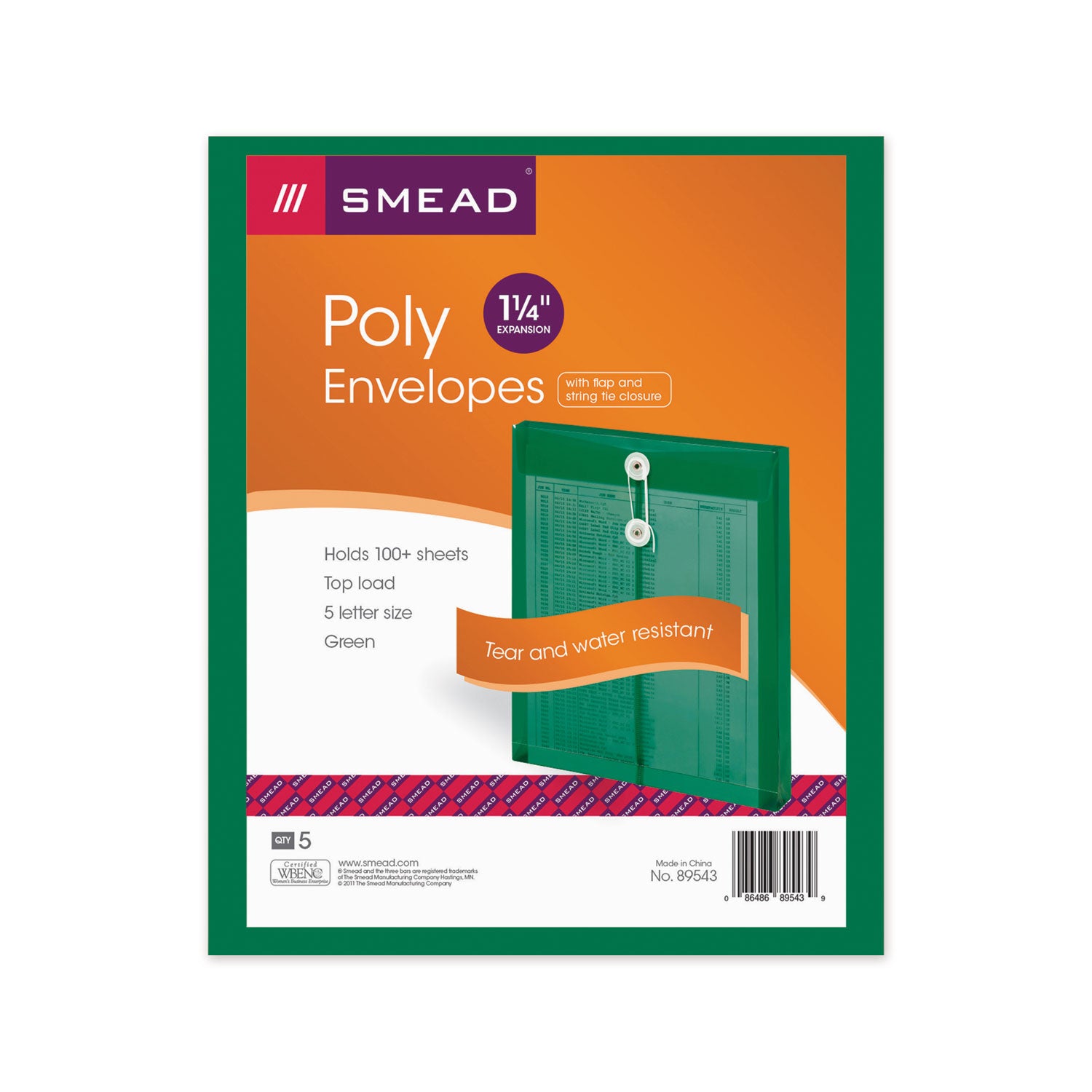 Smead™ Poly String and Button Interoffice Envelopes, Open-End (Vertical), 9.75 x 11.63, Transparent Green, 5/Pack