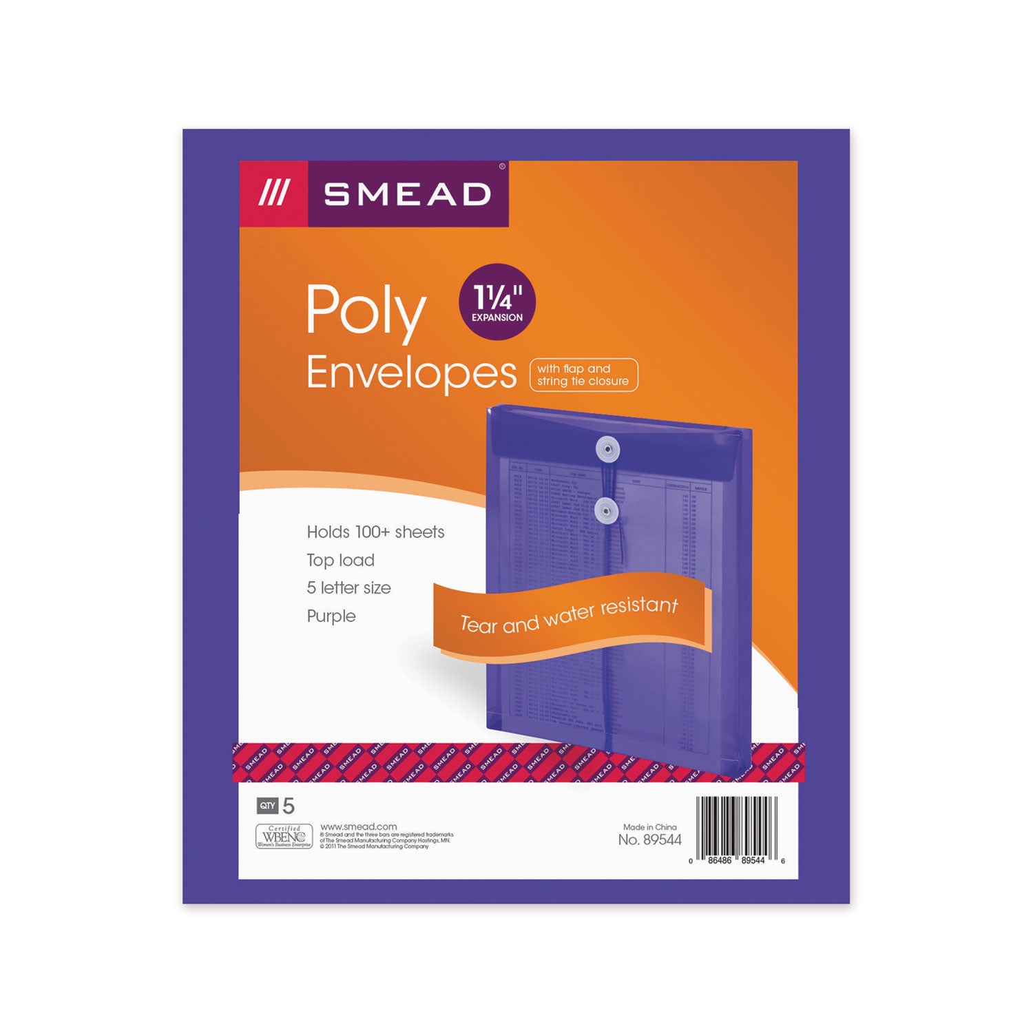 Smead™ Poly String and Button Interoffice Envelopes, Open-End (Vertical), 9.75 x 11.63, Transparent Purple, 5/Pack