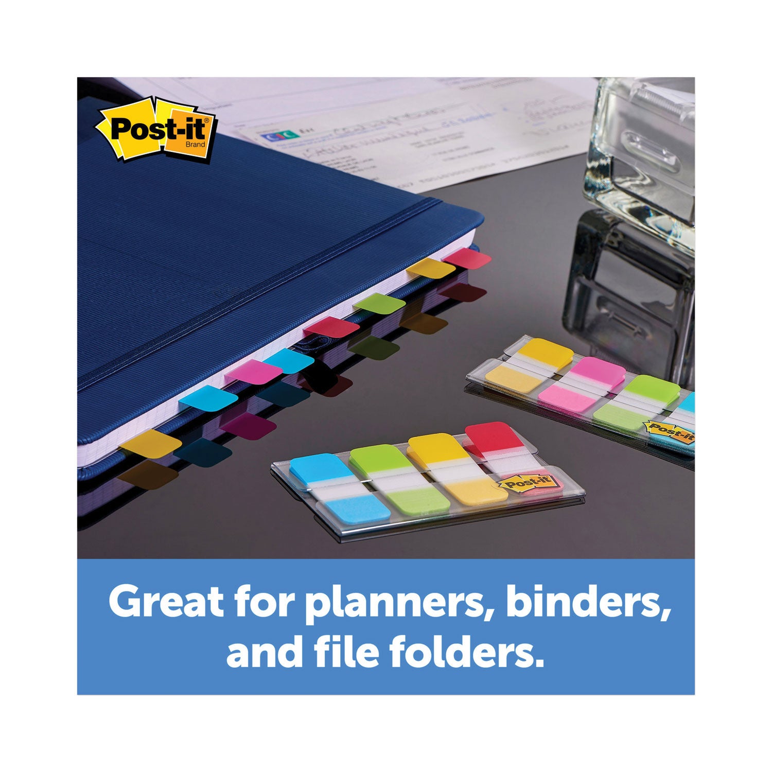 Post-it® 1" Wide Tabs with Dispenser, Aqua, Pink, Violet, Yellow, 88/Pack