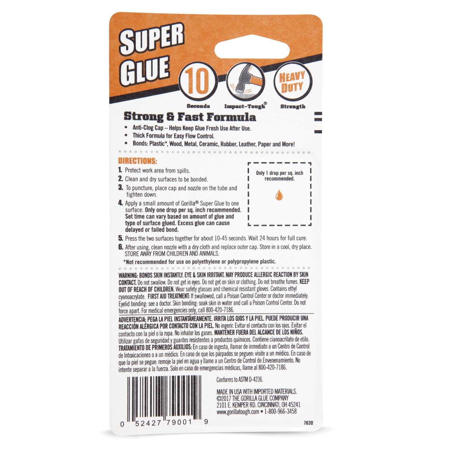 Gorilla® Super Glue, 0.53 oz, Dries Clear, 4/Carton