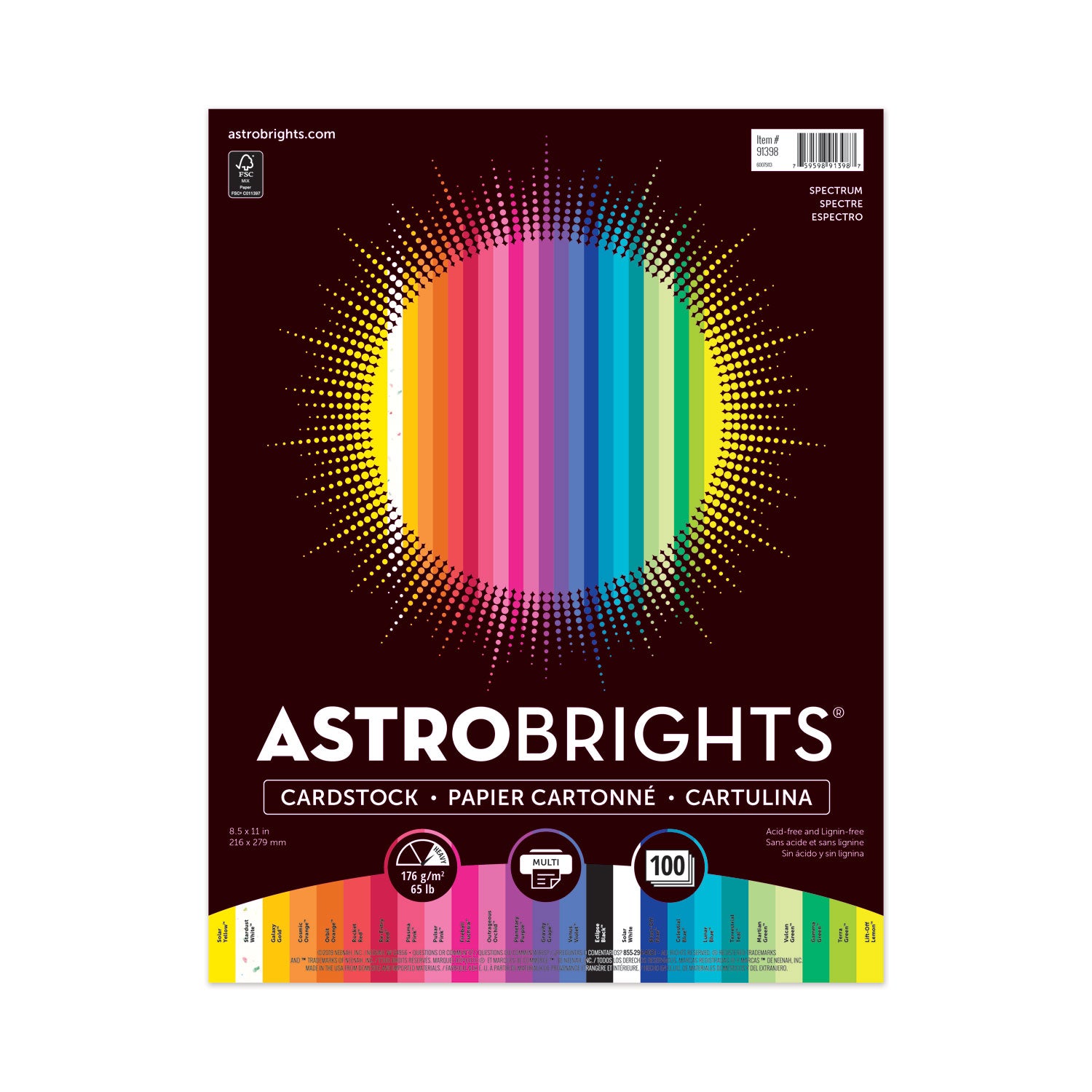 Astrobrights® Color Cardstock, 65 lb Cover Weight, 8.5 x 11, Assorted Colors, 100/Pack