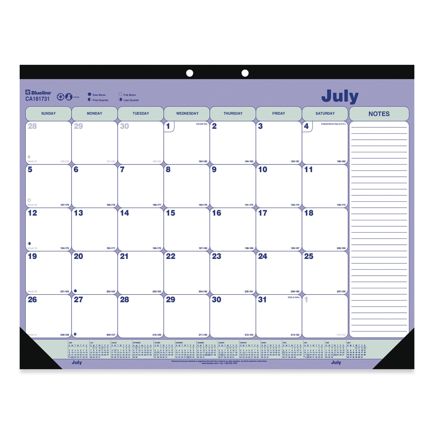 Academic 13-Month Desk Pad Calendar, 21.25 x 16, White/Blue/Green Sheets, Black Headband, 13-Month (July to July): 2024-2025