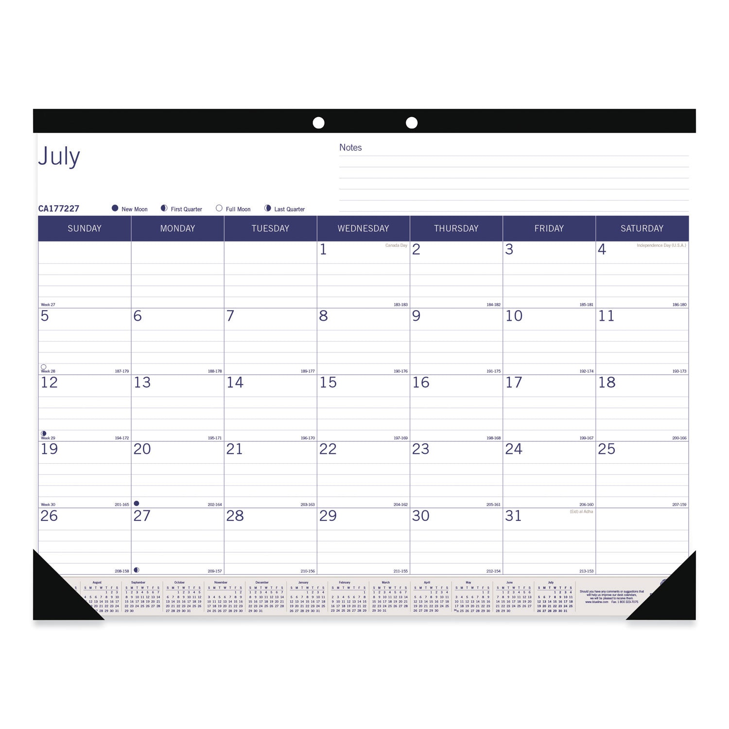 DuraGlobe Academic Desk Pad Calendar, 22 x 17, White/Blue/Gray Sheets, Black Headband, 13-Month (July to July): 2024 to 2025