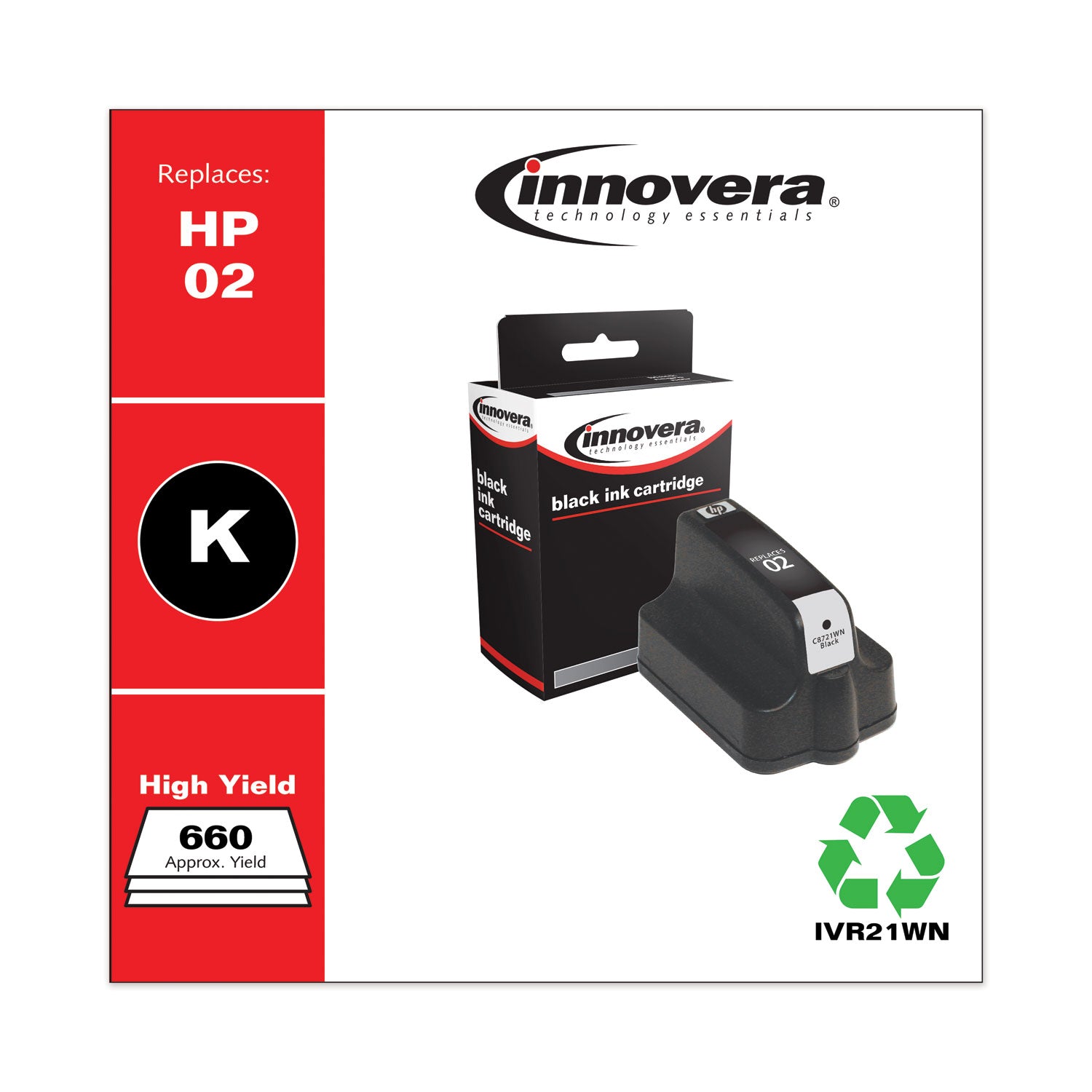 Innovera® Remanufactured Black Ink, Replacement for 02 (C8721WN), 660 Page-Yield