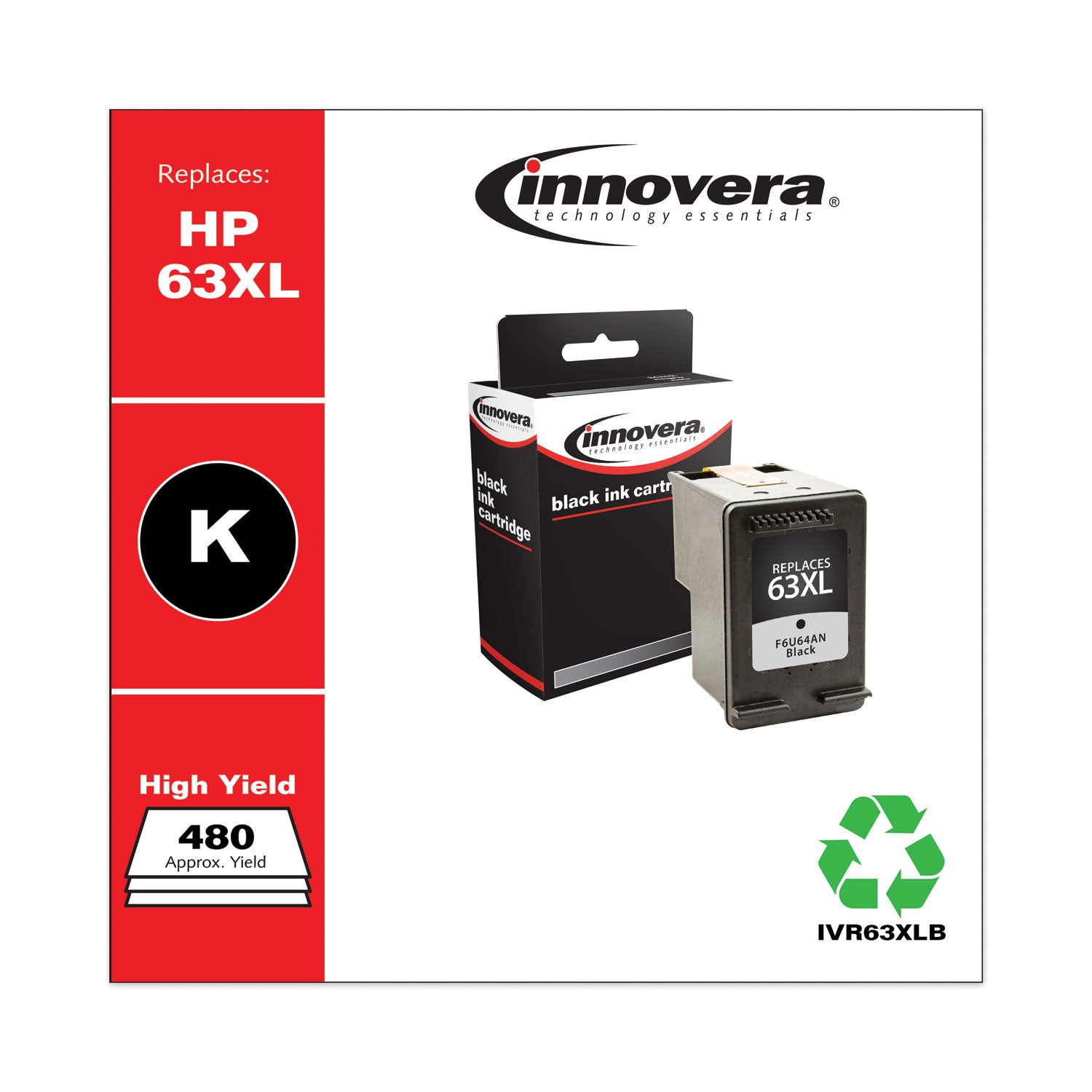 Innovera® Remanufactured Black High-Yield Ink, Replacement for 63XL (F6U64AN), 480 Page-Yield