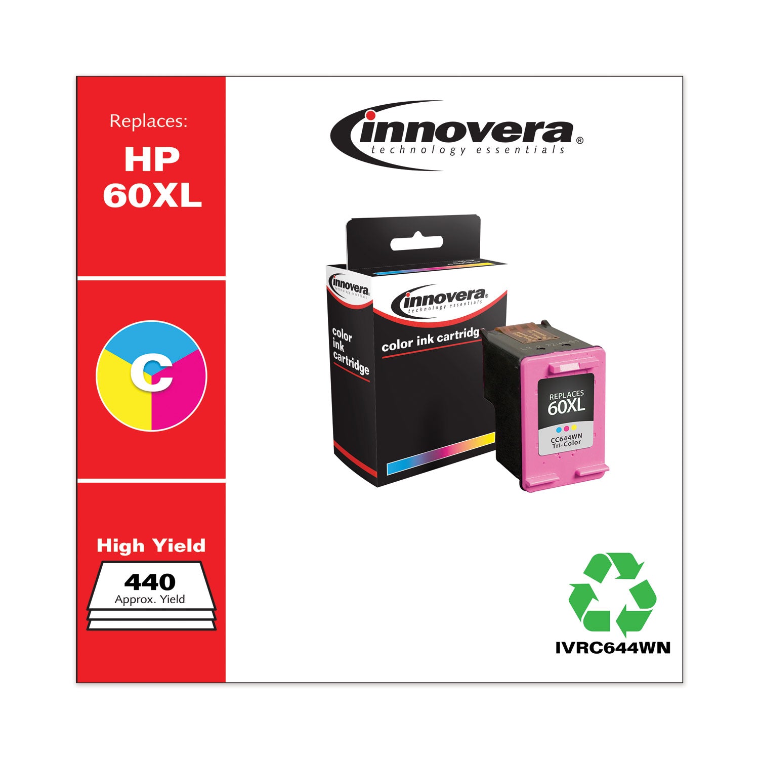 Innovera® Remanufactured Tri-Color High-Yield Ink, Replacement for 60XL (CC644WN), 440 Page-Yield