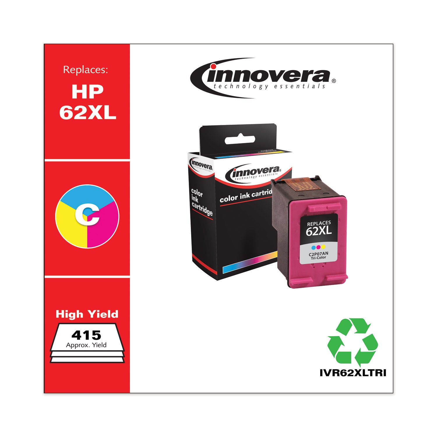 Innovera® Remanufactured Tri-Color High-Yield Ink, Replacement for 62XL (C2P07AN), 415 Page-Yield