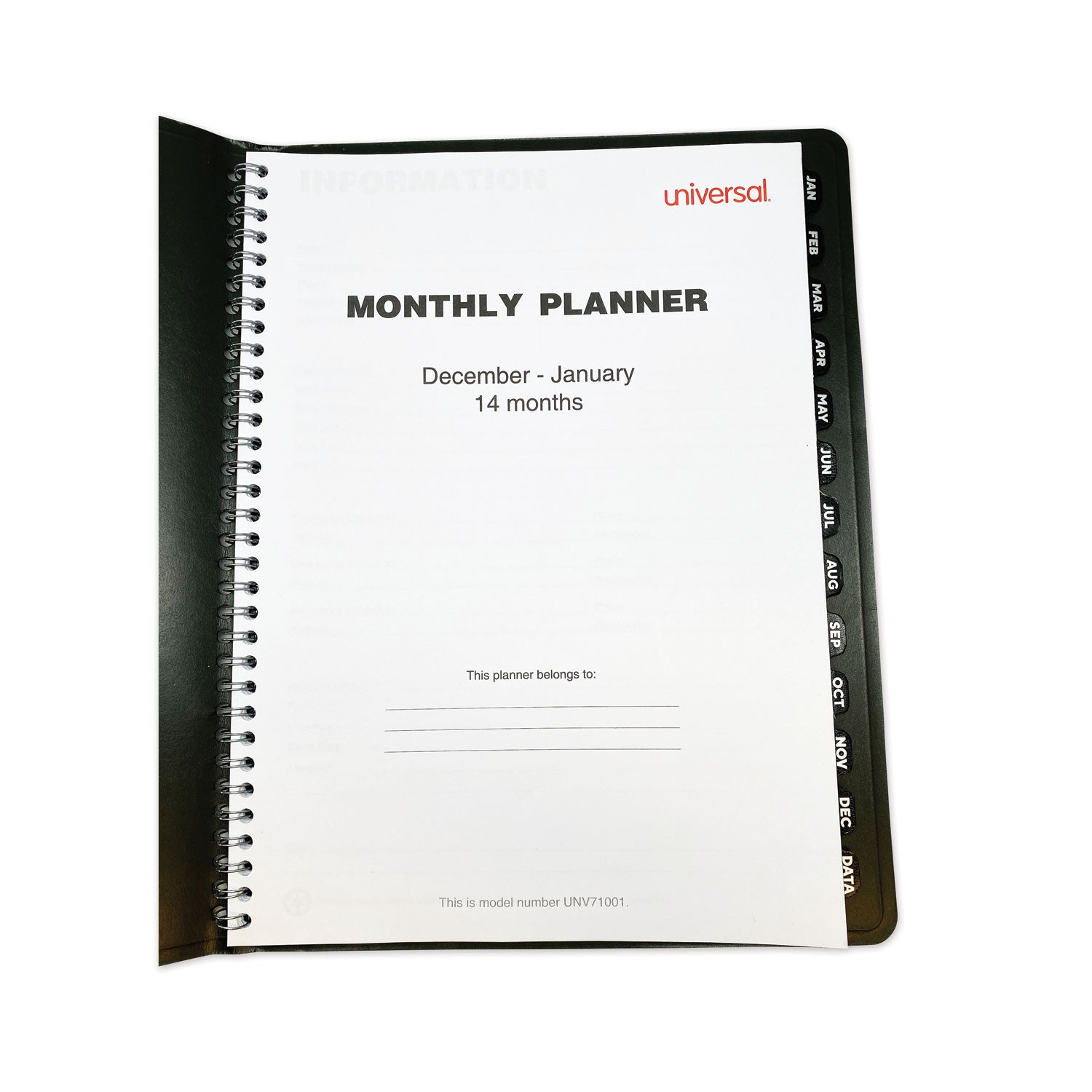 Universal® Monthly Planner, 11 x 8, Black Cover, 14-Month: Dec 2024 to Jan 2026