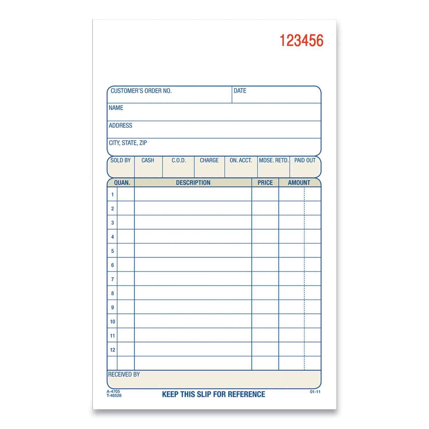 3-Part Sales Book, 12 Lines, Three-Part Carbonless, 4.19 x 7.19, 50 Forms/Pad, 10 Pads/Carton