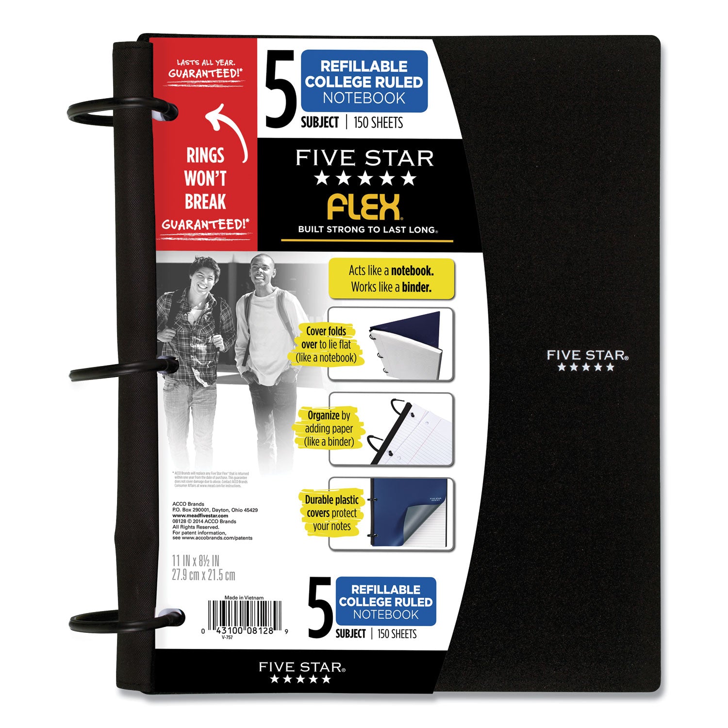 Five Star® FLEX Notebook, 5-Subject, Medium/College Rule, Randomly Assorted Cover Color, (150) 11 x 8.5 Sheets