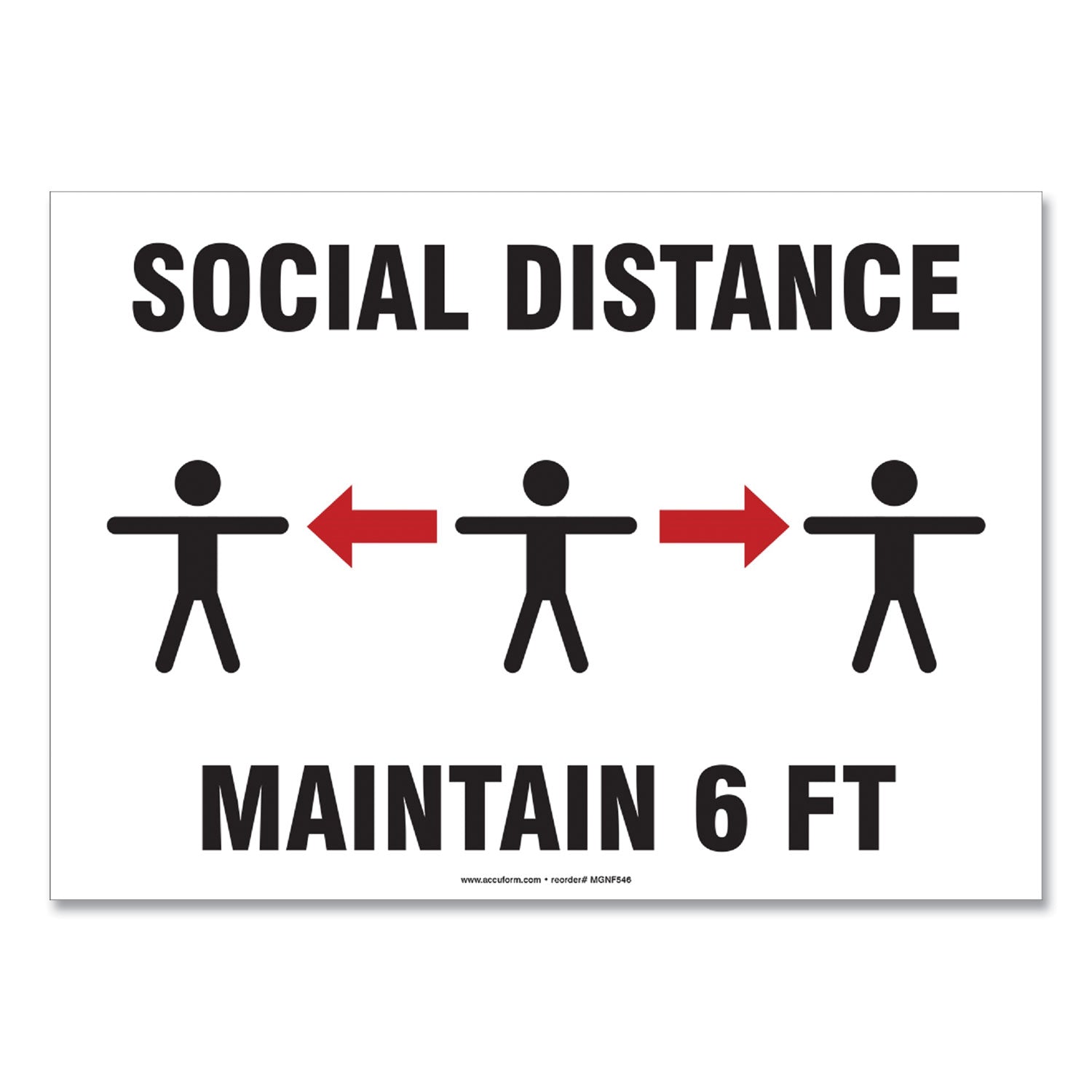 Social Distance Signs, Wall, 14 x 10, "Social Distance Maintain 6 ft", 3 Humans/Arrows, White, 10/Pack