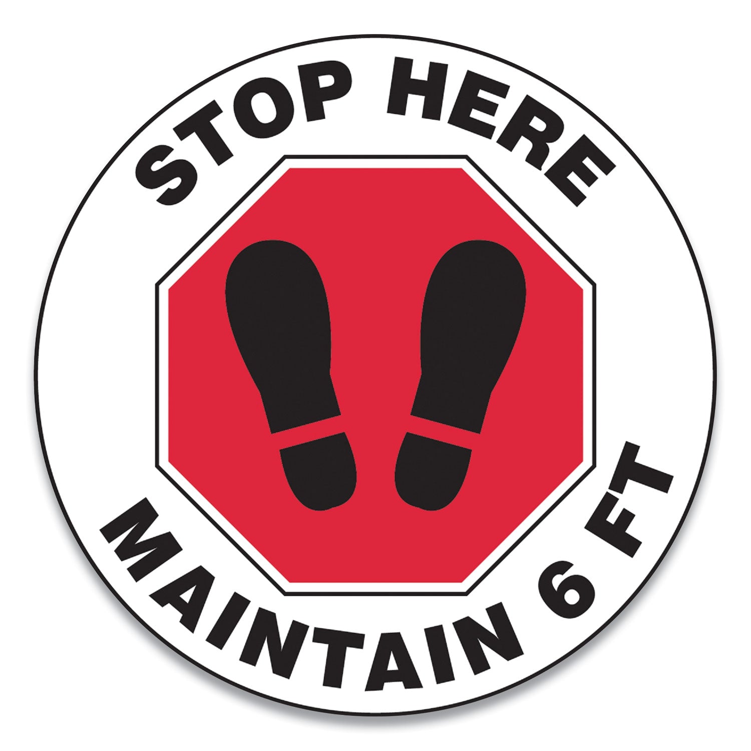 Slip-Gard Social Distance Floor Signs, 12" Circle, "Stop Here Maintain 6 ft", Footprint, Red/White, 25/Pack