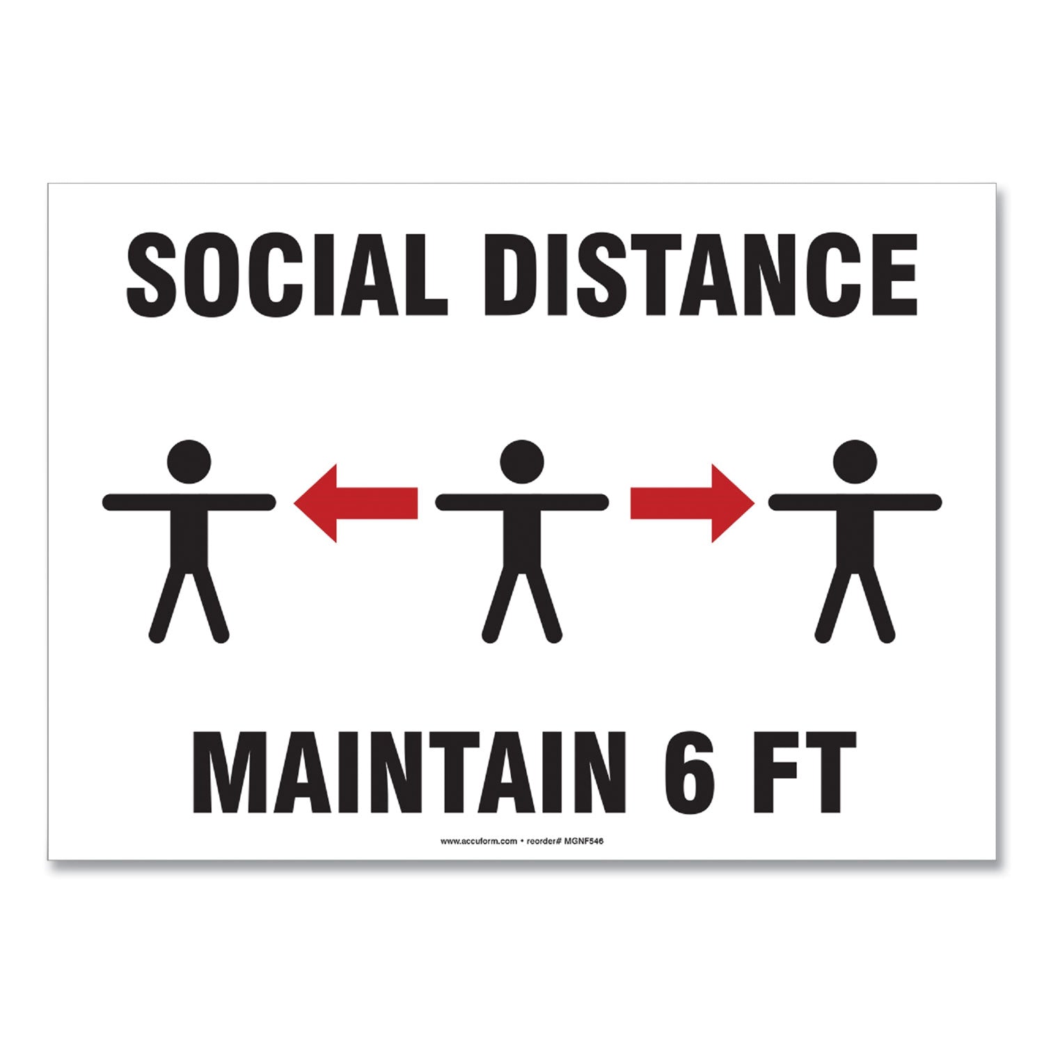 Social Distance Signs, Wall, 10 x 7, "Social Distance Maintain 6 ft", 3 Humans/Arrows, White, 10/Pack