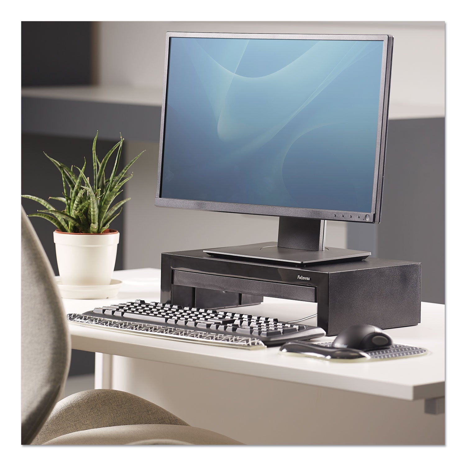 Fellowes® Designer Suites Monitor Riser, For 21" Monitors, 16" x 9.38" x 4.38" to 6", Black Pearl, Supports 40 lbs