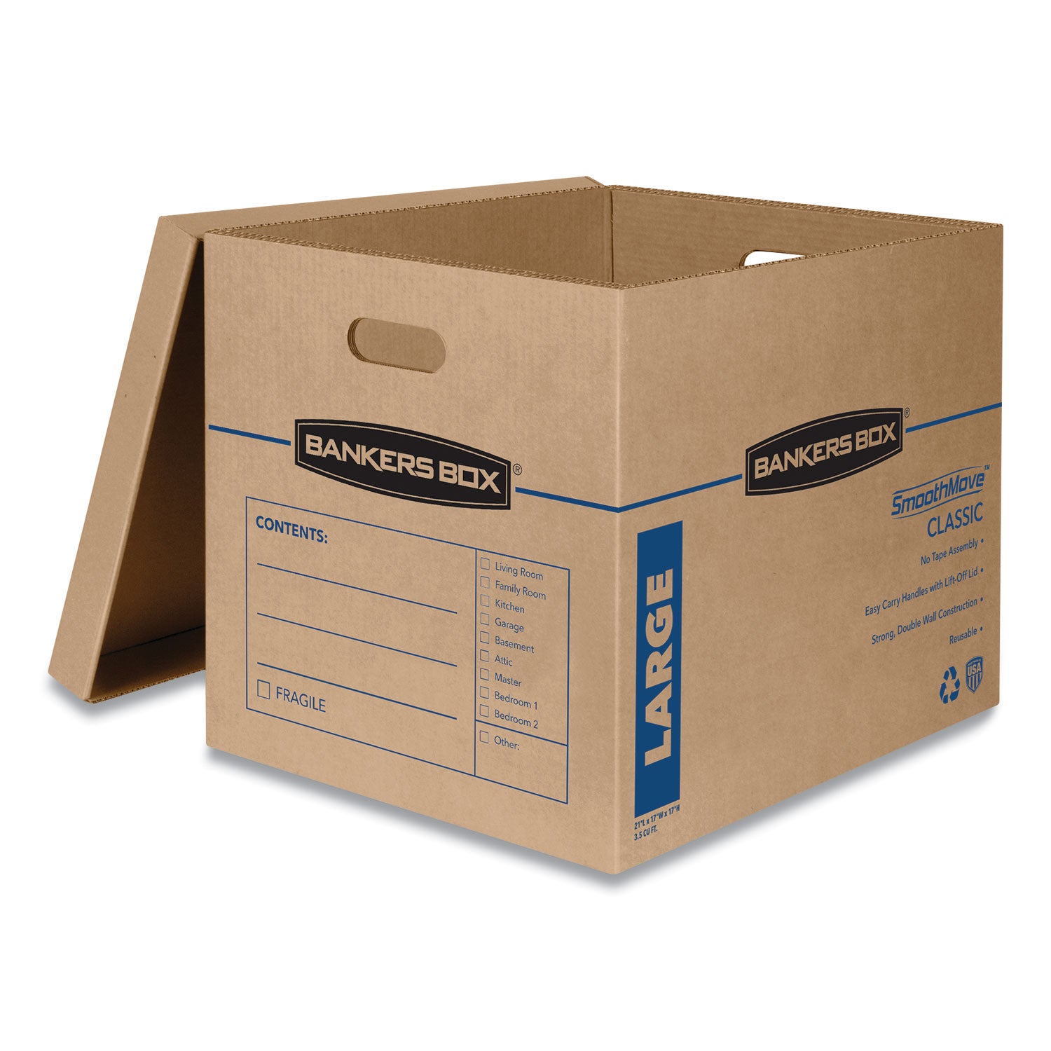 Bankers Box® SmoothMove Classic Moving/Storage Boxes, Half Slotted Container (HSC), Large, 17" x 21" x 17", Brown/Blue, 5/Carton