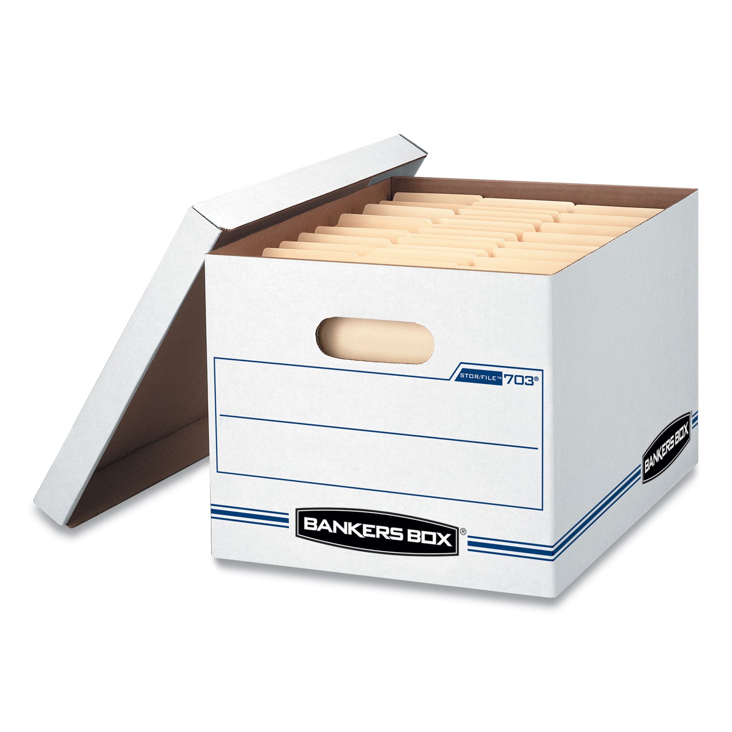 Bankers Box® STOR/FILE Basic-Duty Storage Boxes, Letter/Legal Files, 12.5" x 16.25" x 10.5", White/Blue, 4/Carton